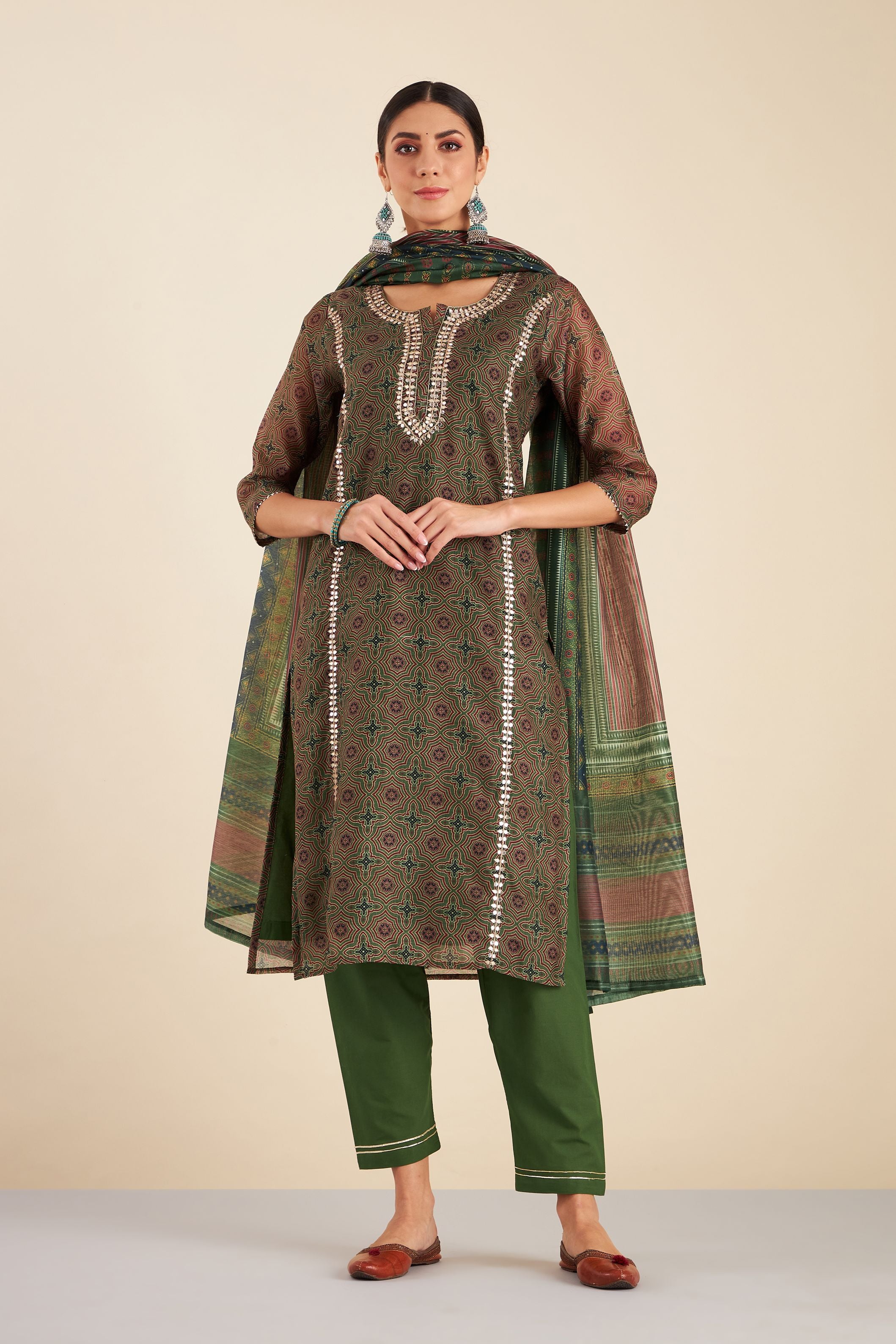 Green Printed Chanderi Cotton Straight Suit Set With Dupatta