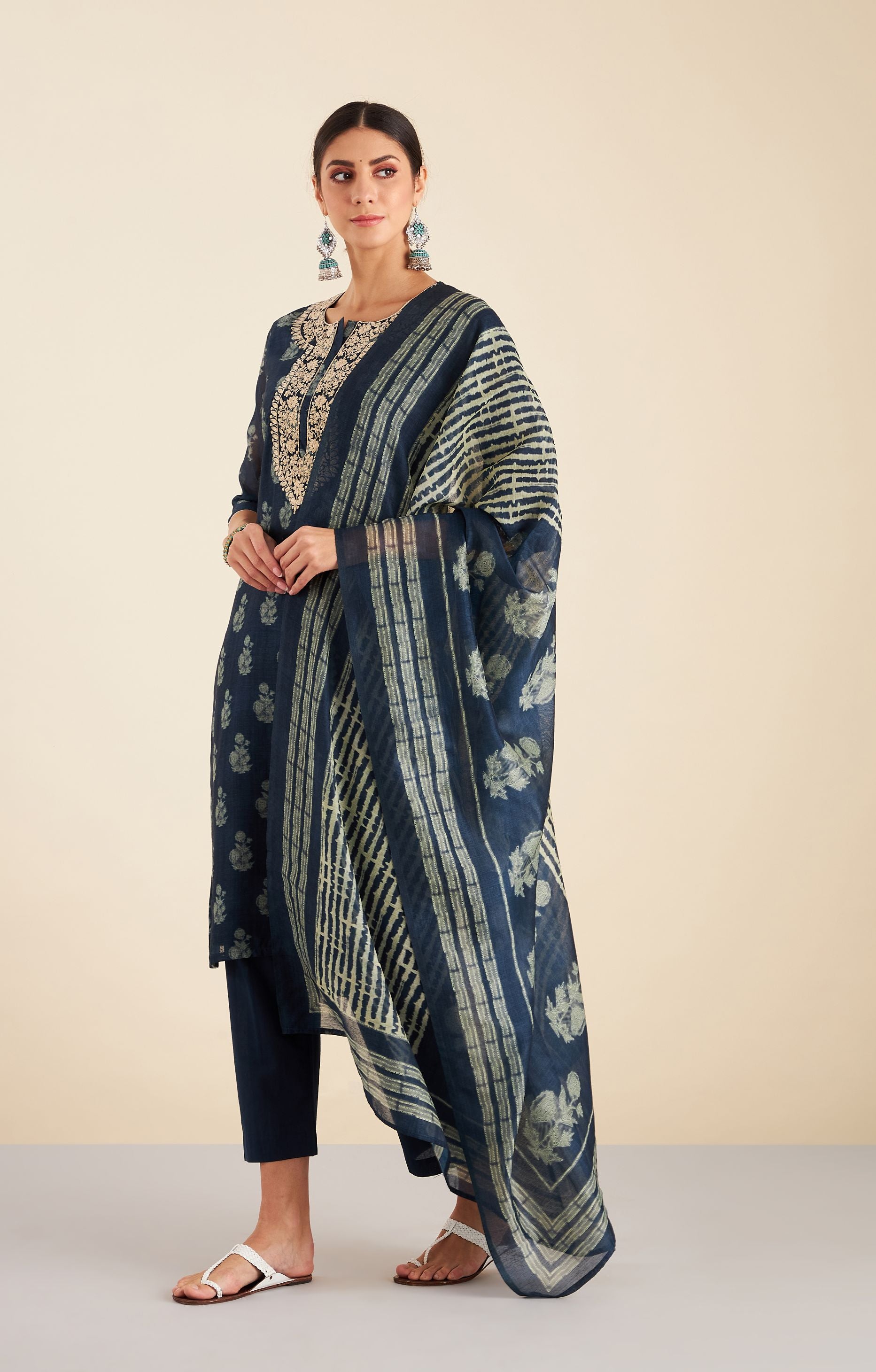 Navy Blue HandBlock Chanderi Suit Set | HER-222
