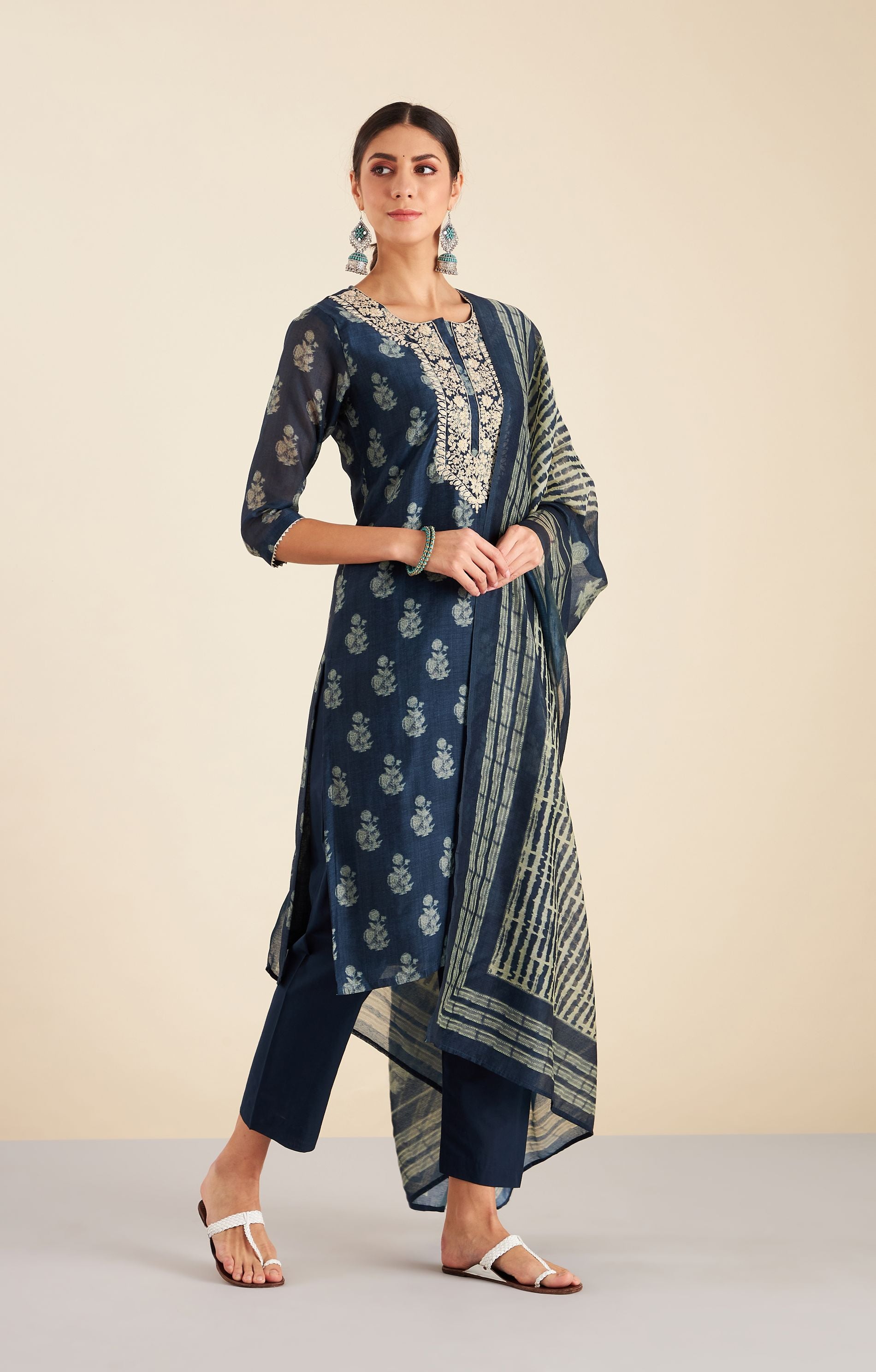 Navy Blue HandBlock Chanderi Suit Set | HER-222