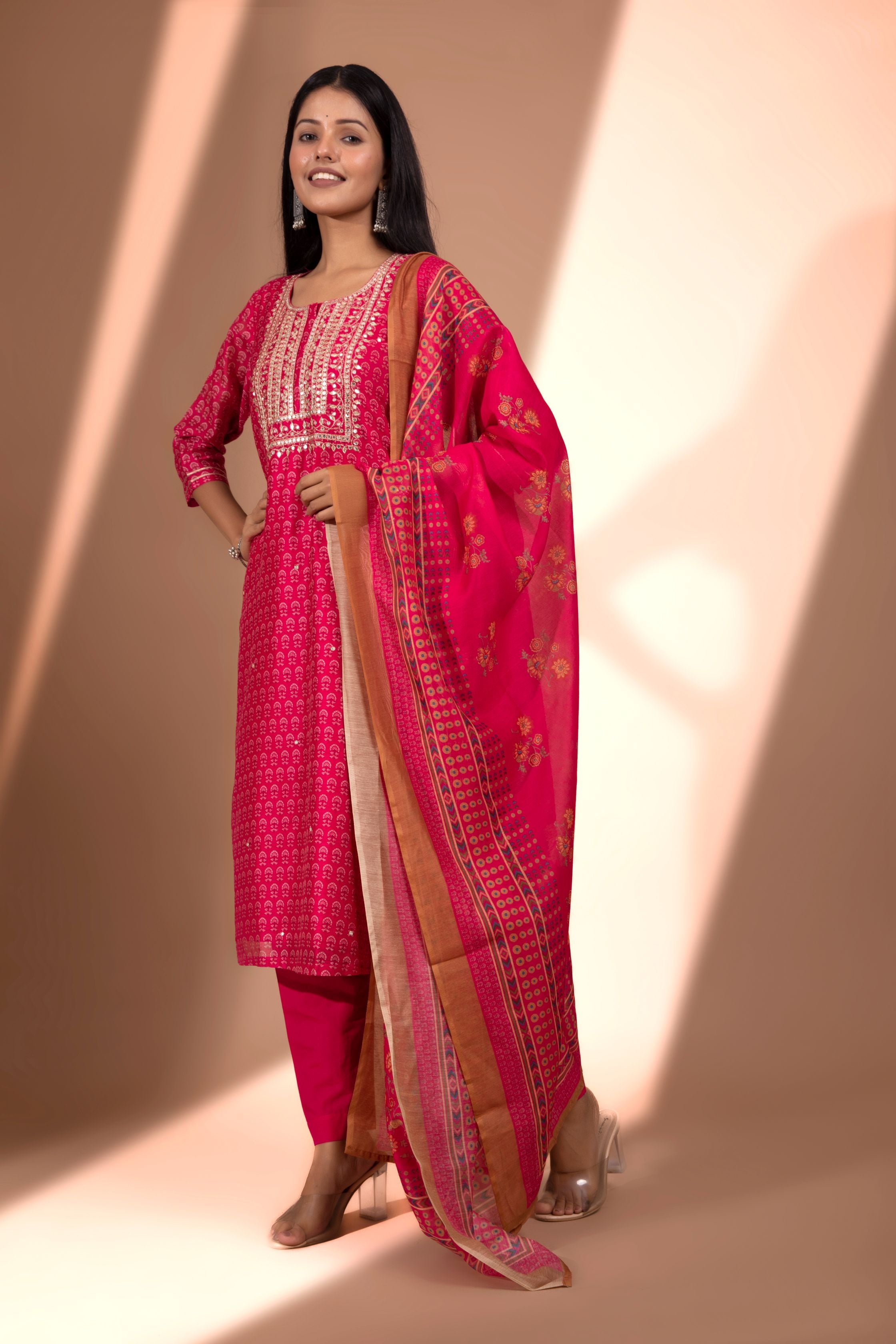 Pink Straight fit Chanderi Kurta set (with sharara and Dupatta)