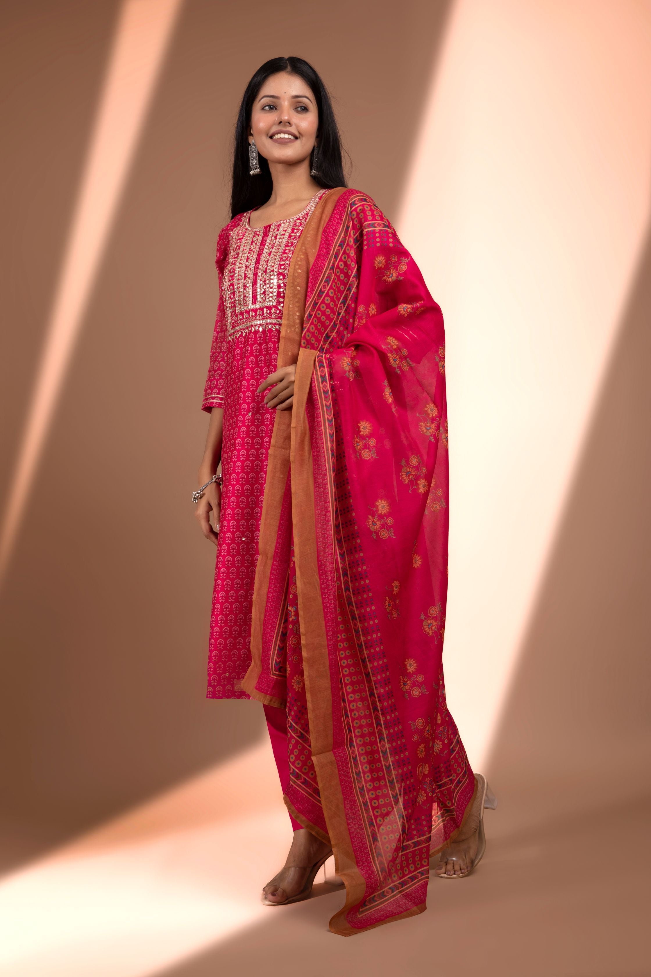 Pink Straight fit Chanderi Kurta set (with sharara and Dupatta)