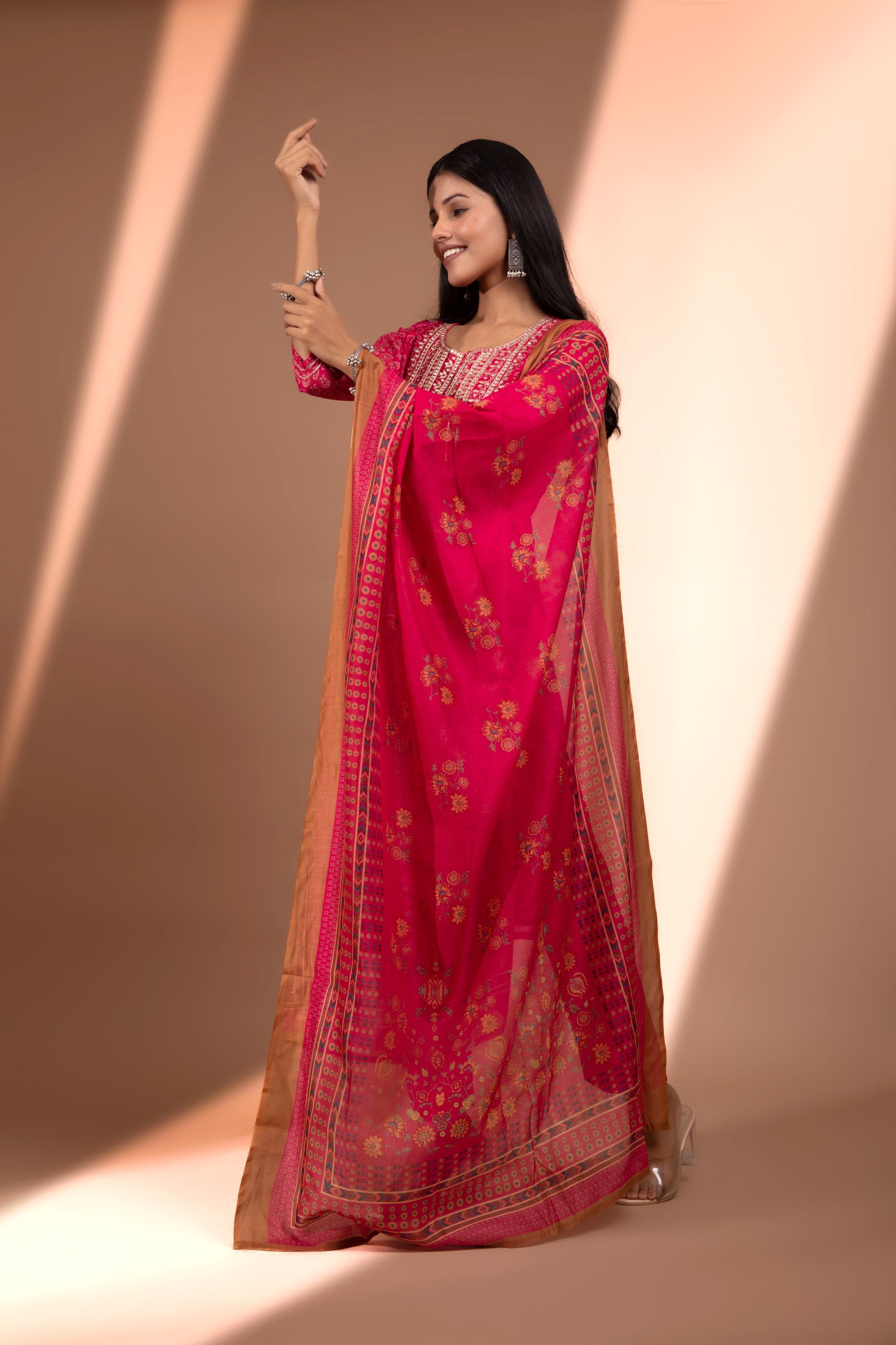 Pink Straight fit Chanderi Kurta set (with sharara and Dupatta)