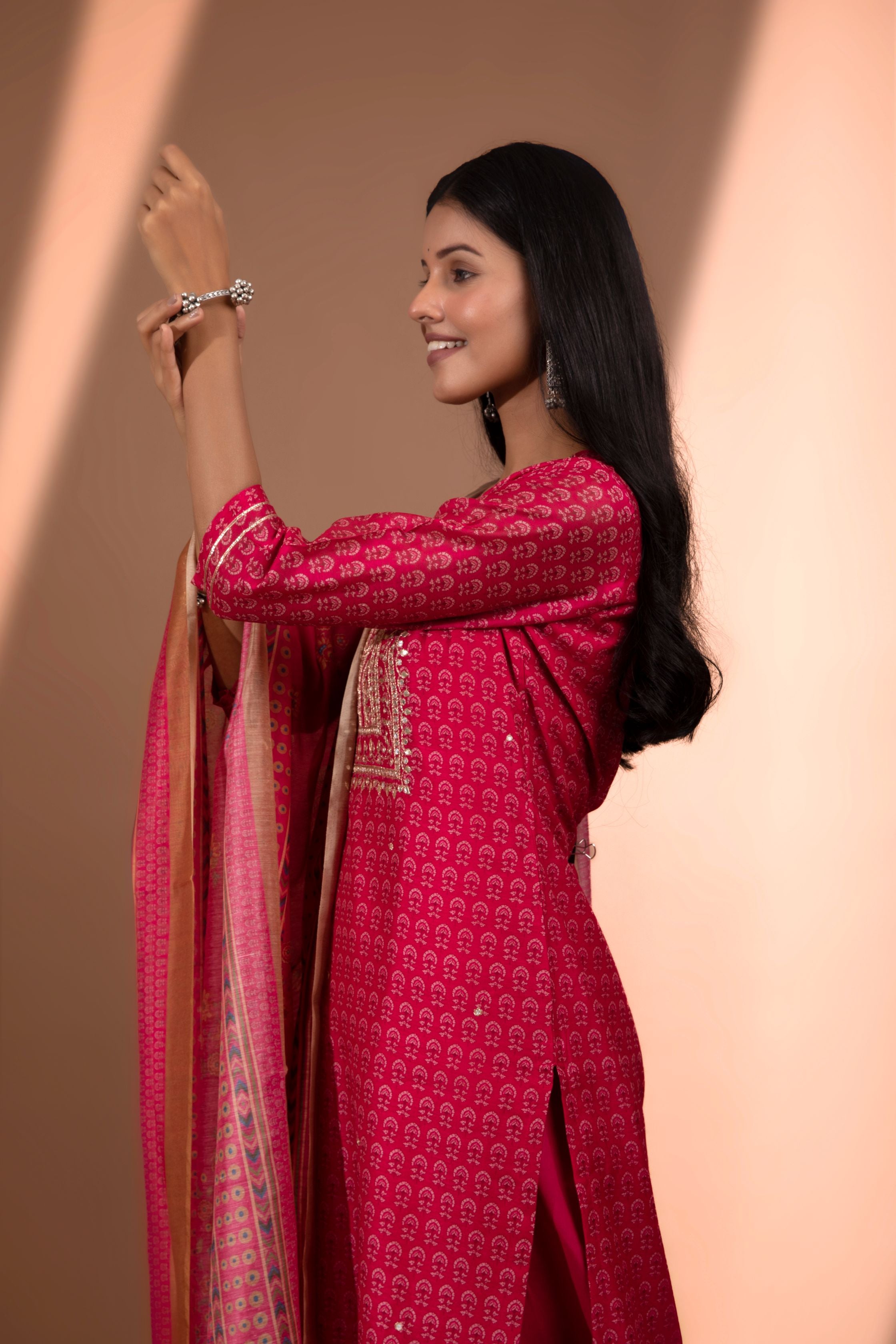 Pink Straight fit Chanderi Kurta set (with sharara and Dupatta)