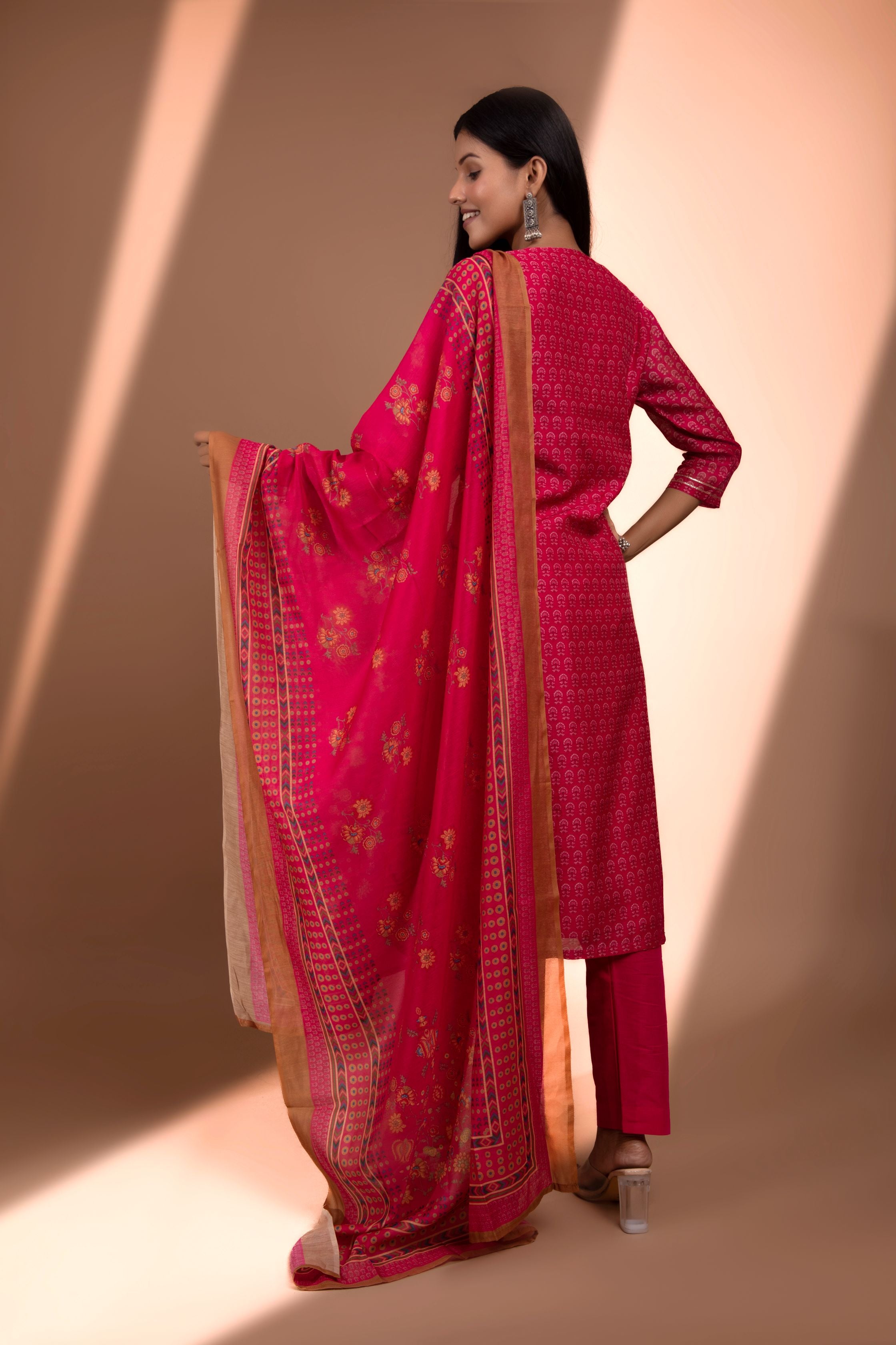 Pink Straight fit Chanderi Kurta set (with sharara and Dupatta)