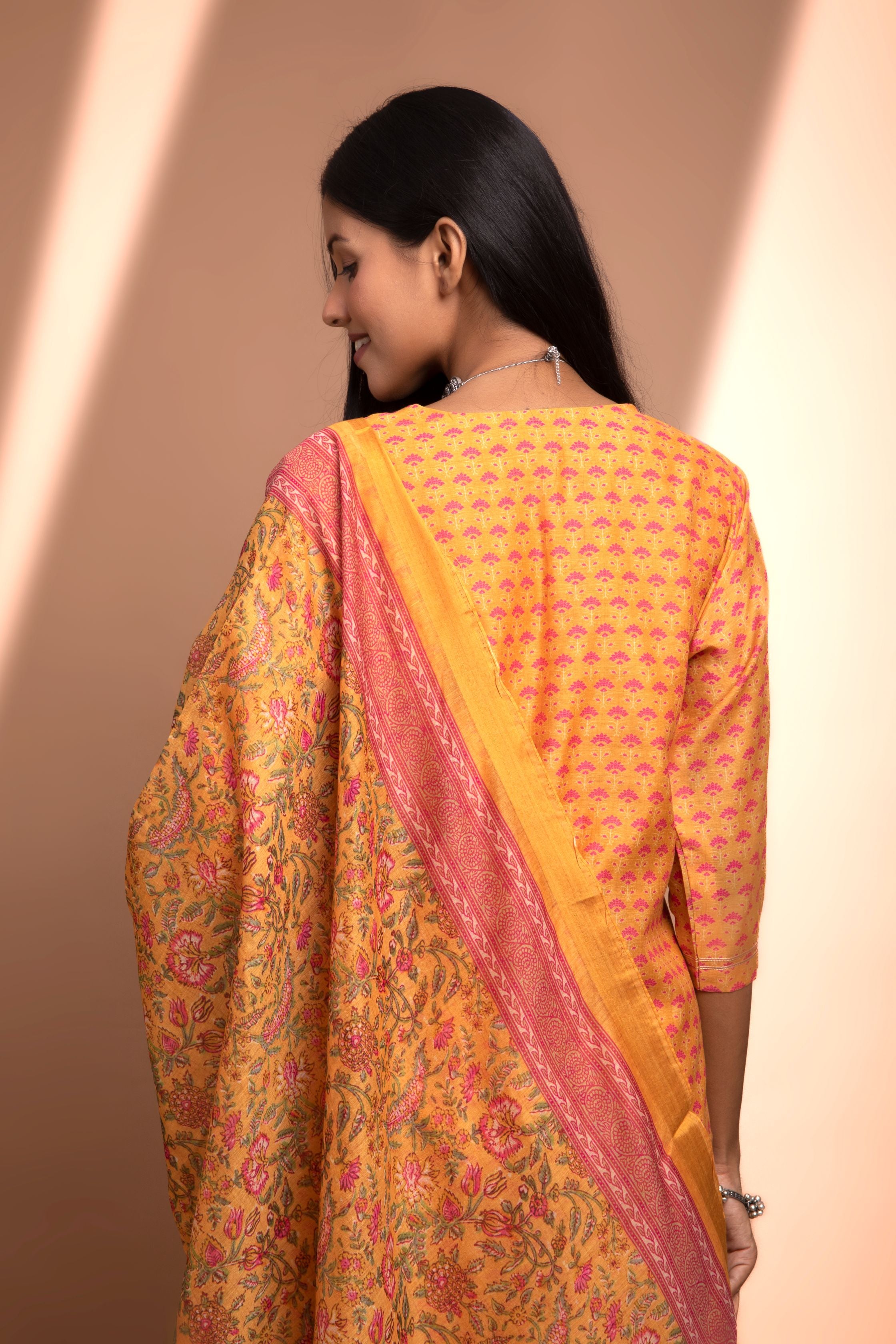 Mustard Straight fit Chanderi Kurta set (with Pant and Dupatta)