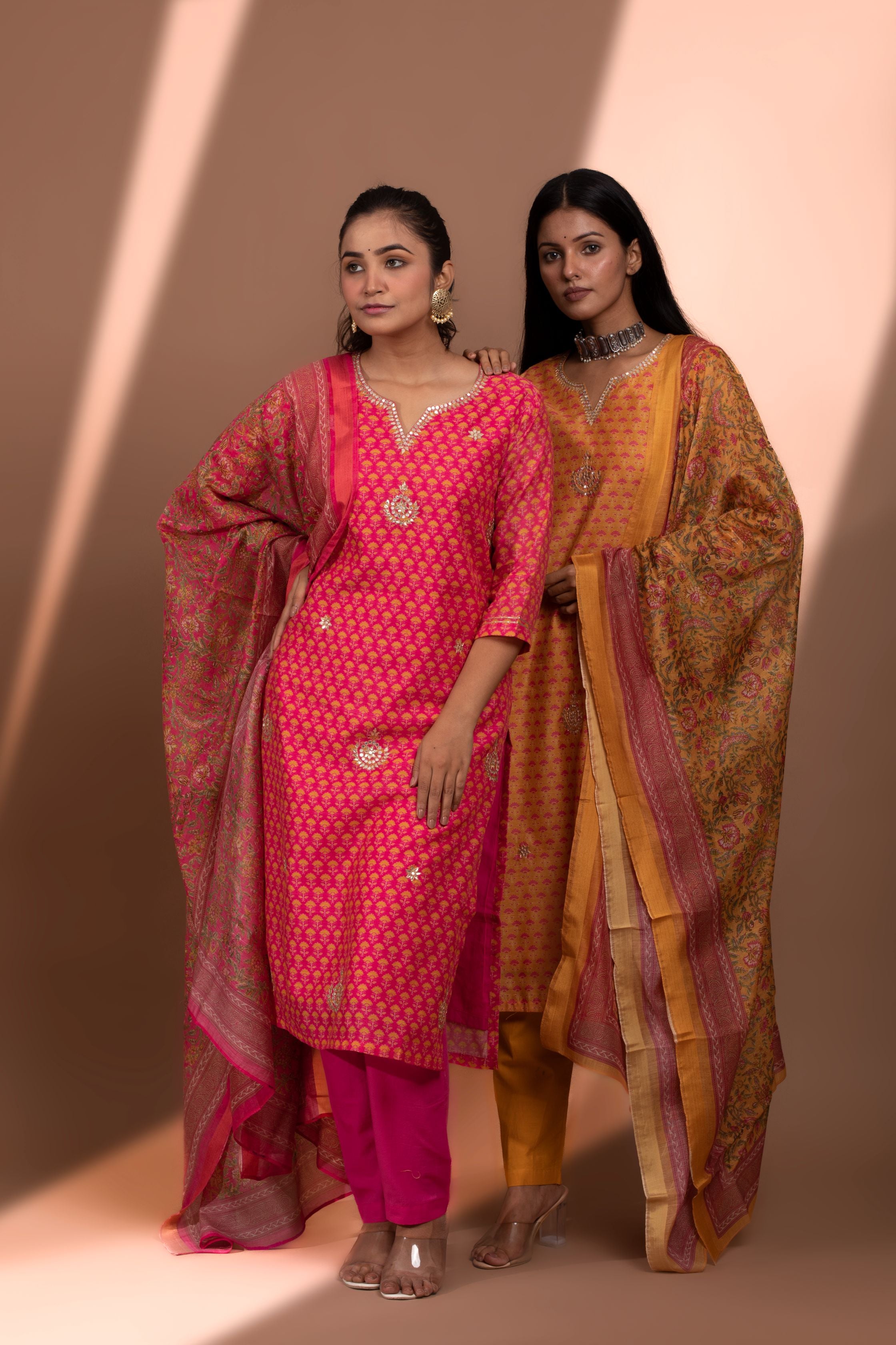 Mustard Straight fit Chanderi Kurta set (with Pant and Dupatta)
