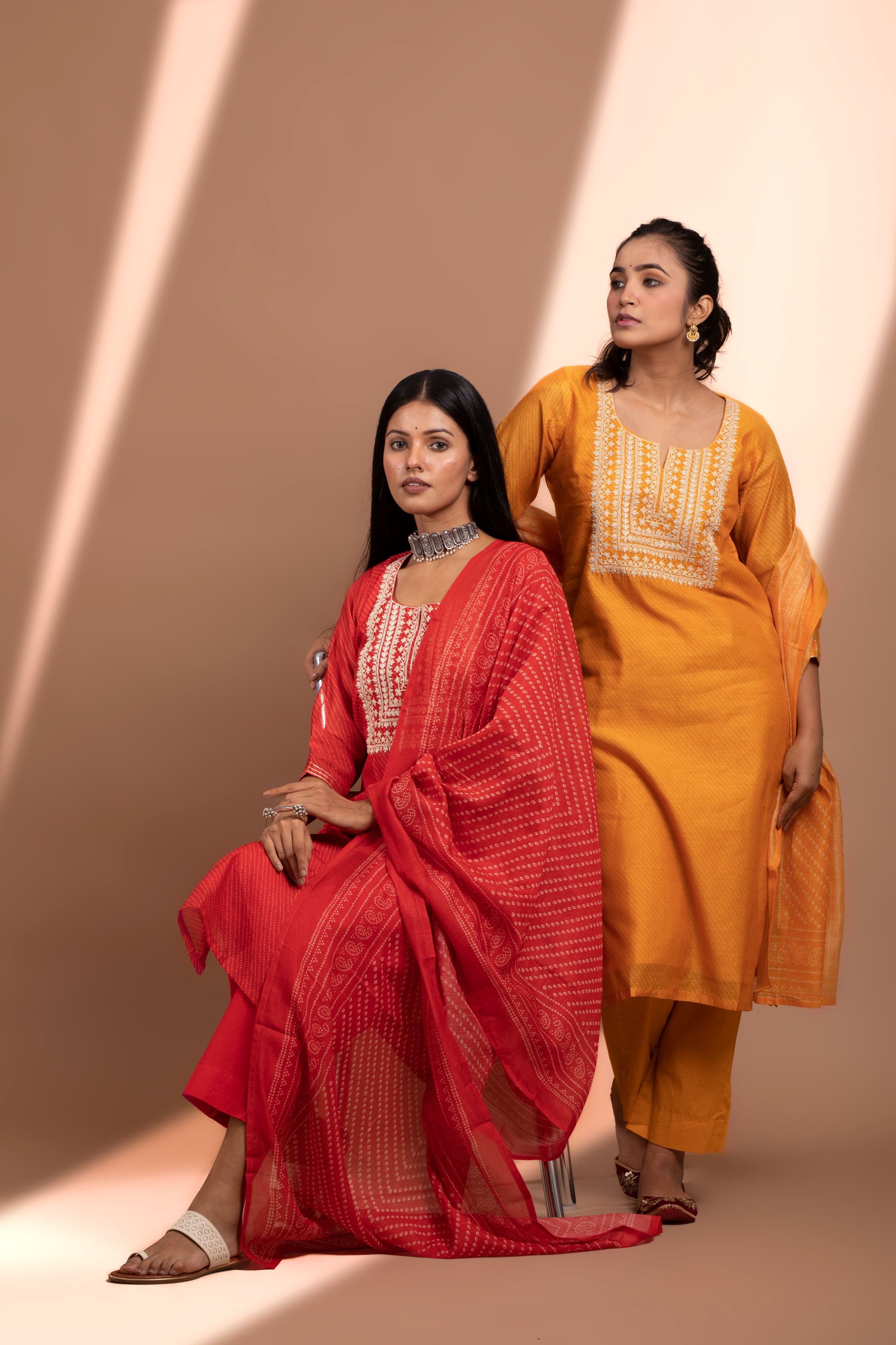 Mustard Straight fit Chanderi Kurta set (with Pant and Dupatta)
