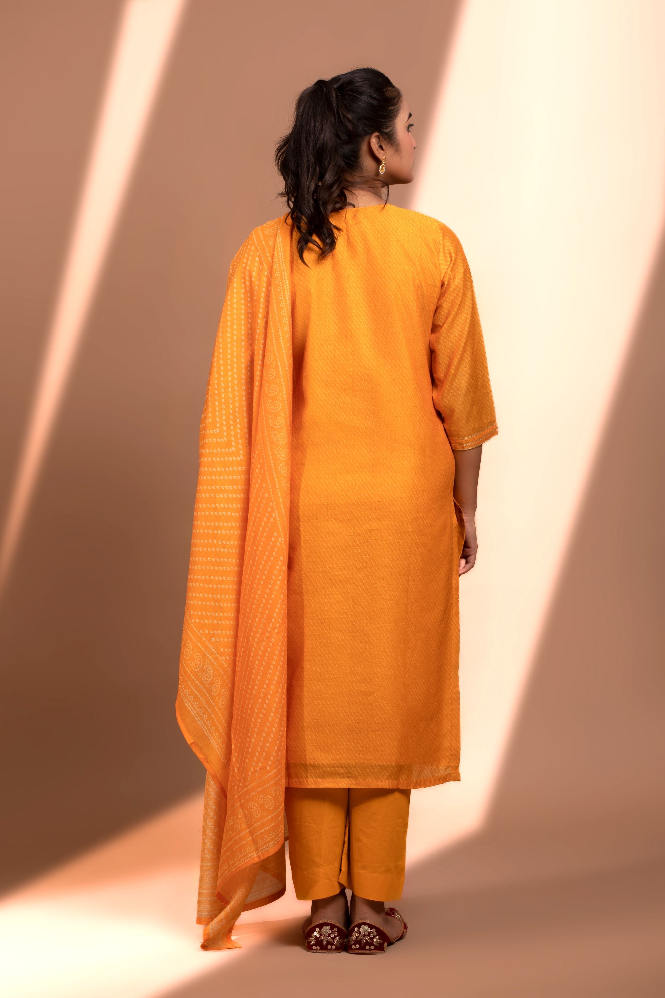 Mustard Straight fit Chanderi Kurta set (with Pant and Dupatta)