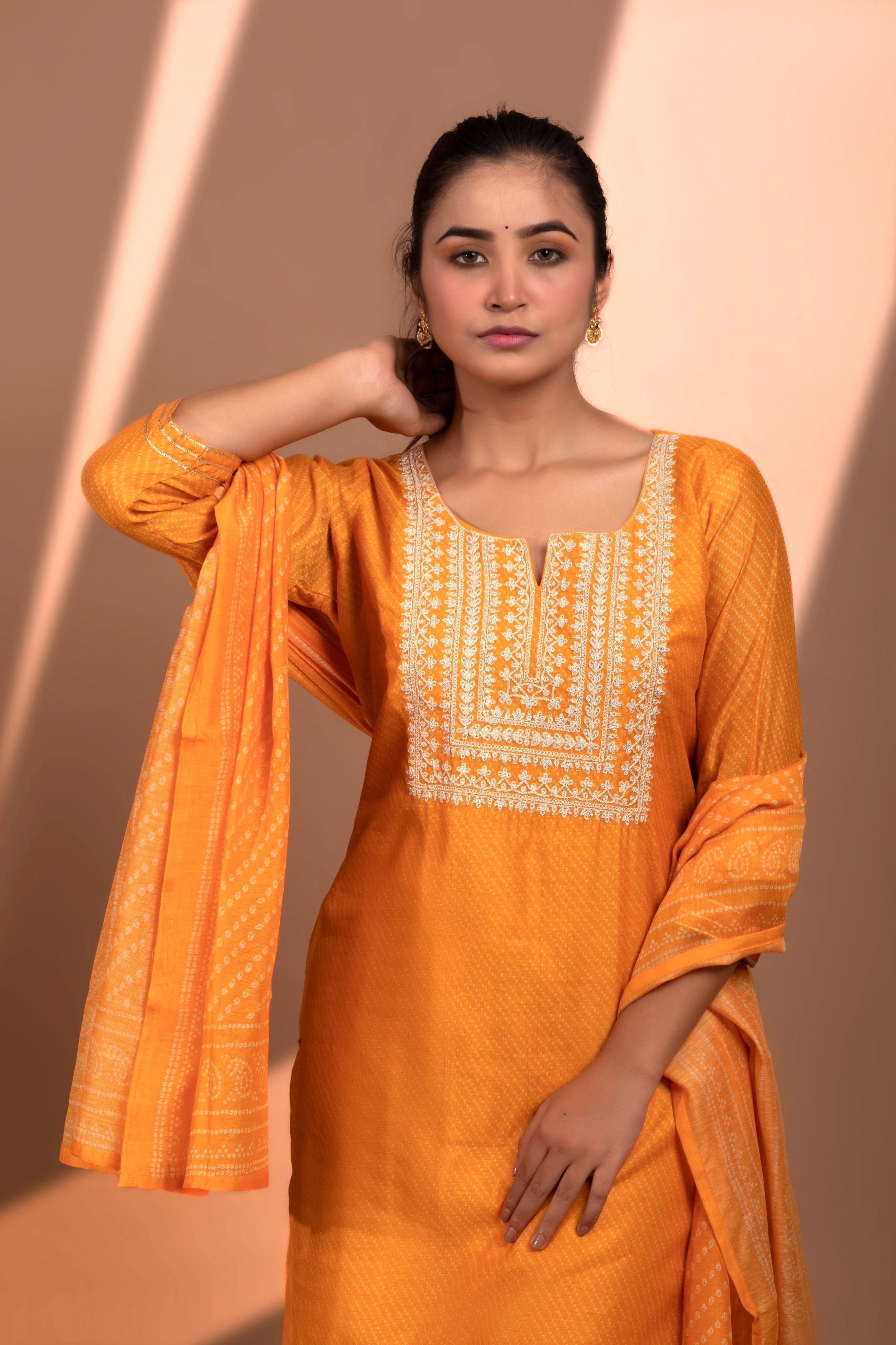 Mustard Straight fit Chanderi Kurta set (with Pant and Dupatta)