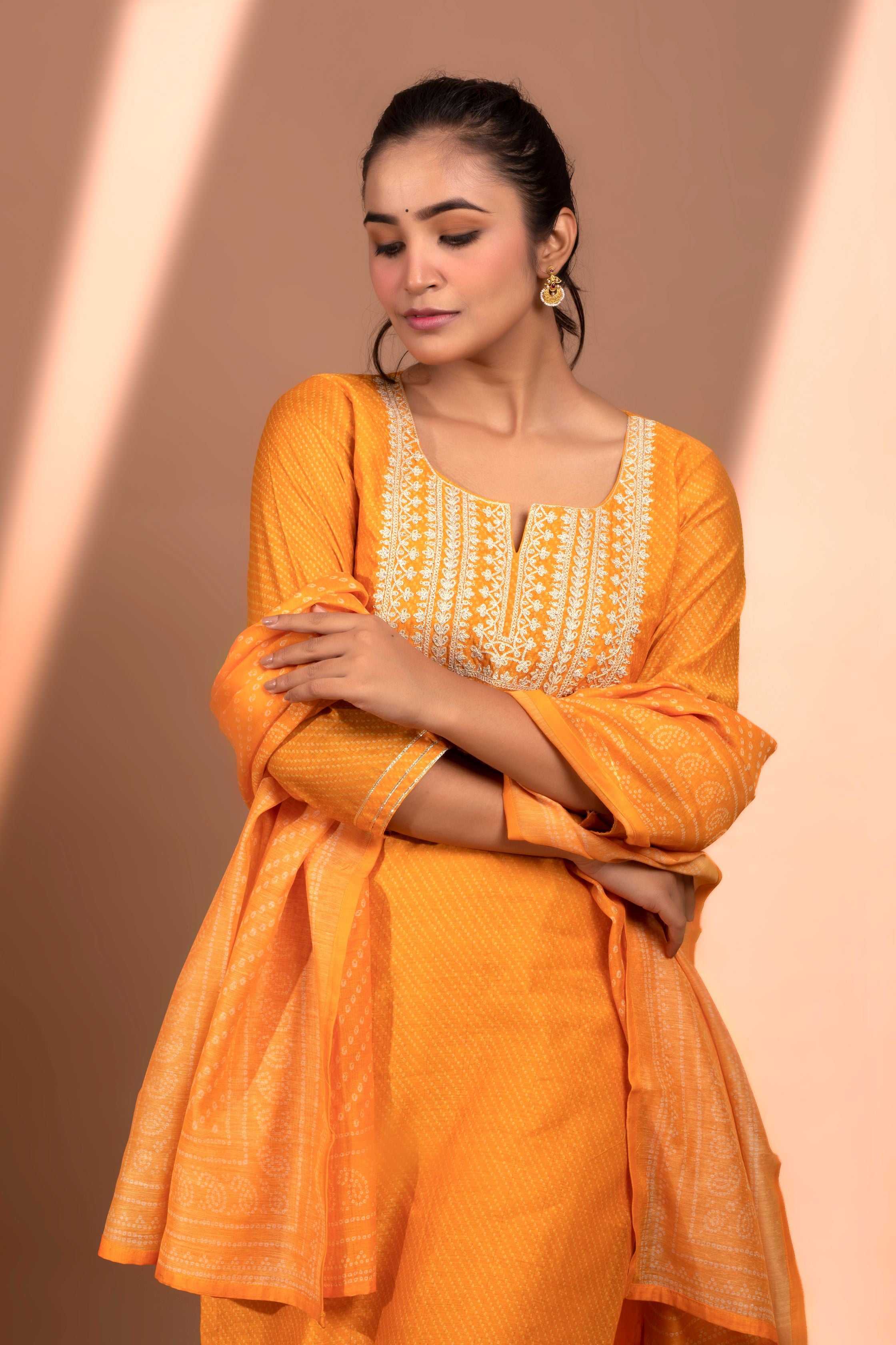 Mustard Straight fit Chanderi Kurta set (with Pant and Dupatta)