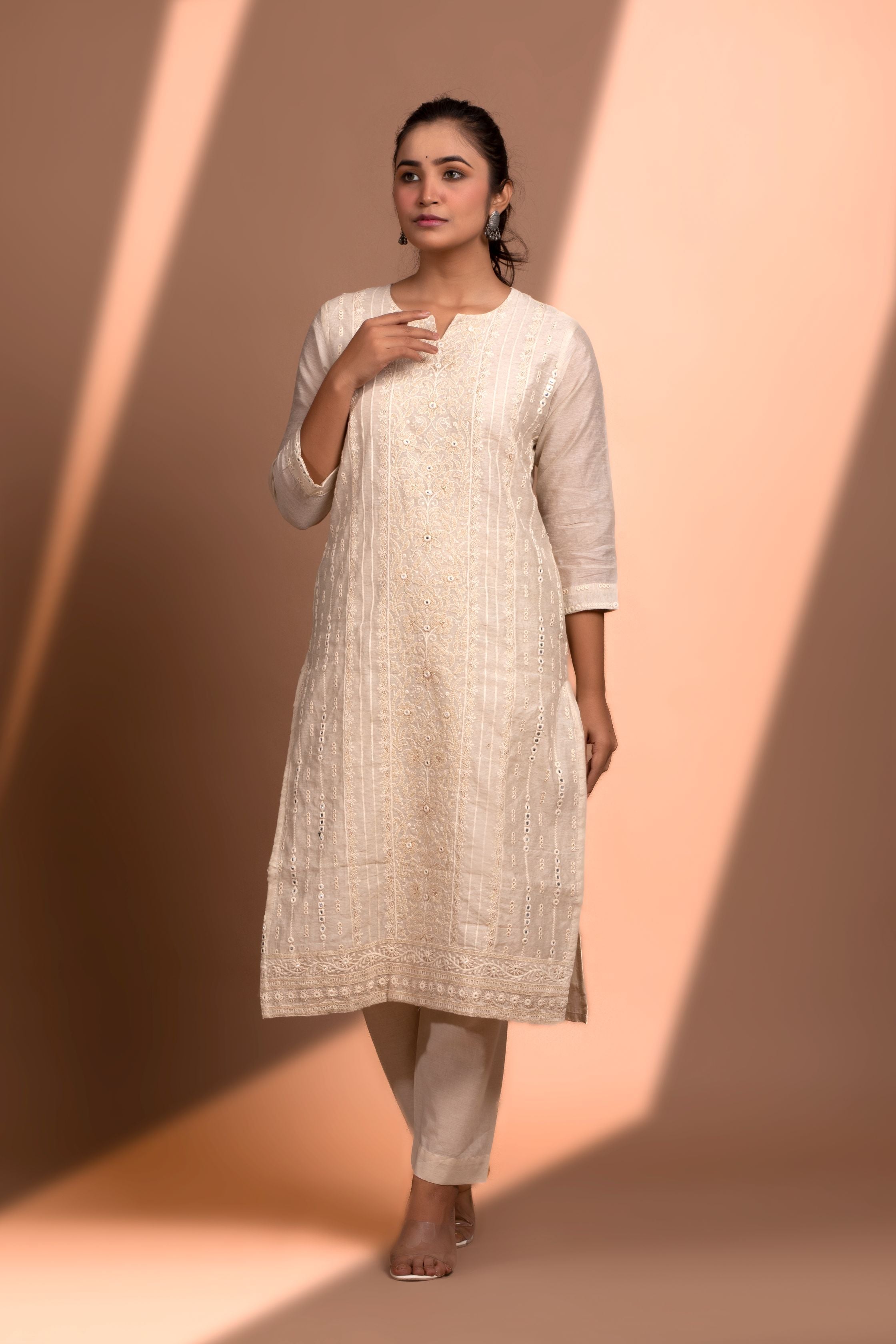 Off-White Straight fit Chanderi Kurta Set
