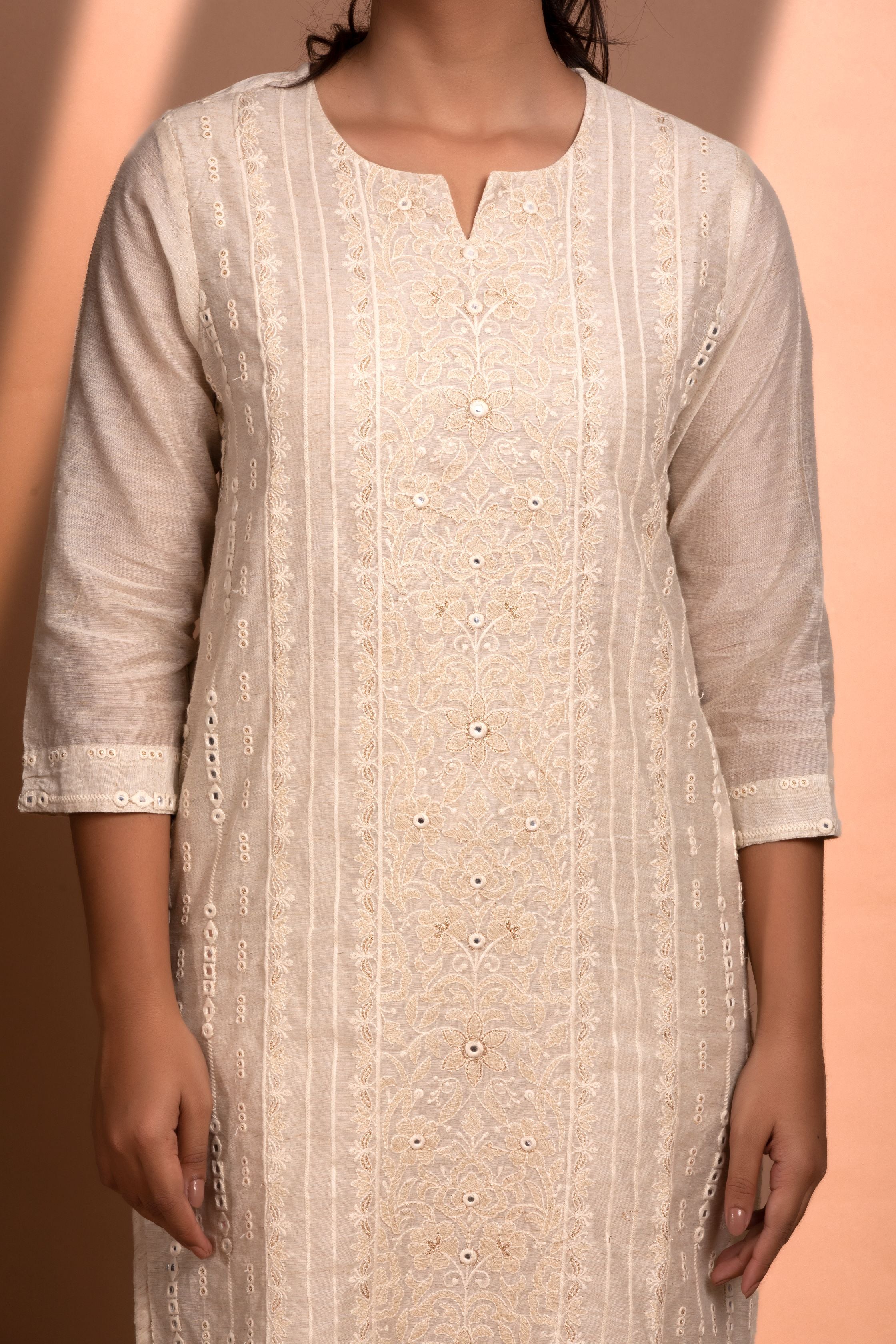 Off-White Straight fit Chanderi Kurta Set