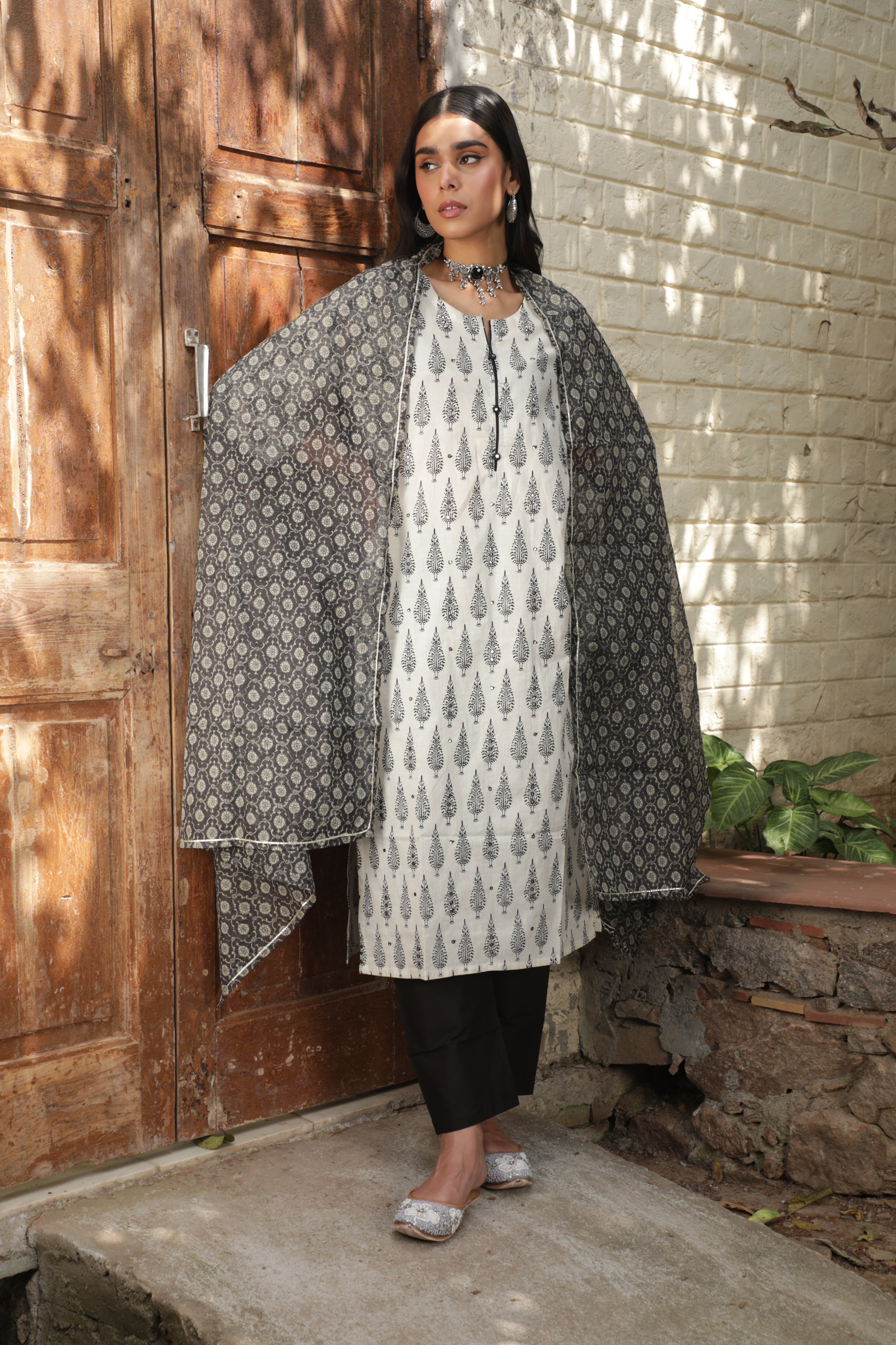 Black Motifs Handblock Cotton Suit Set