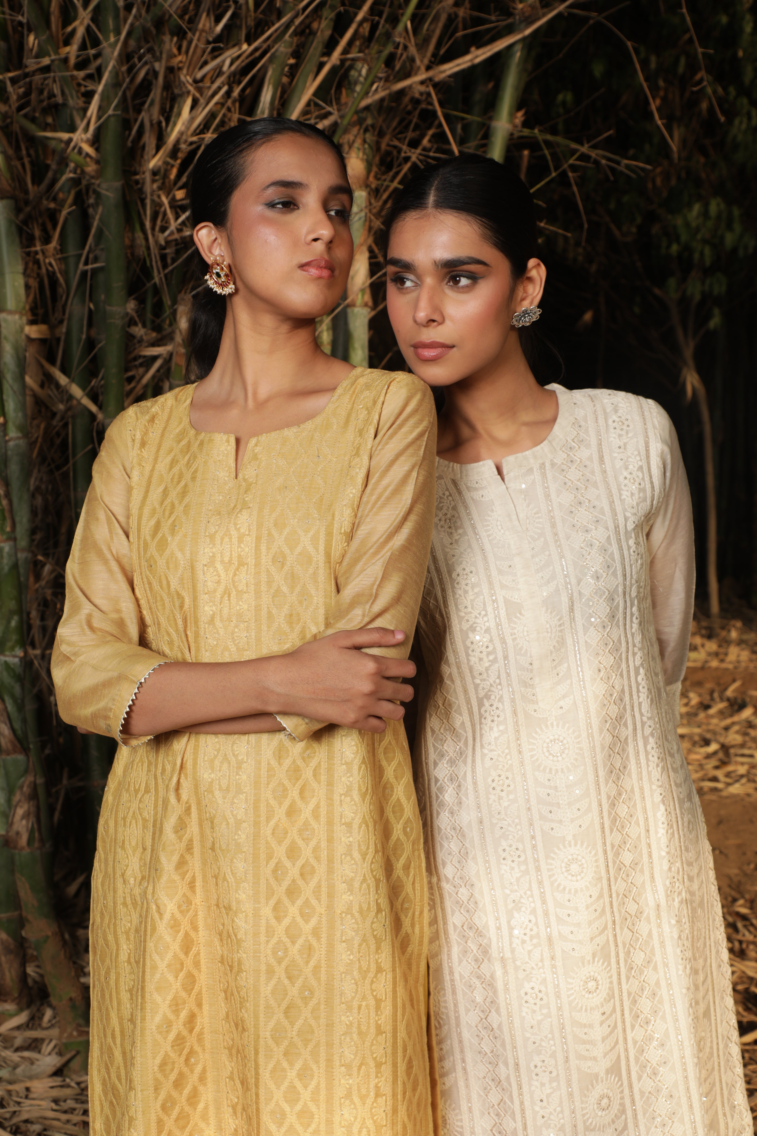 Mustard Chikankari Jute Chanderi Kurta Set | HER-160