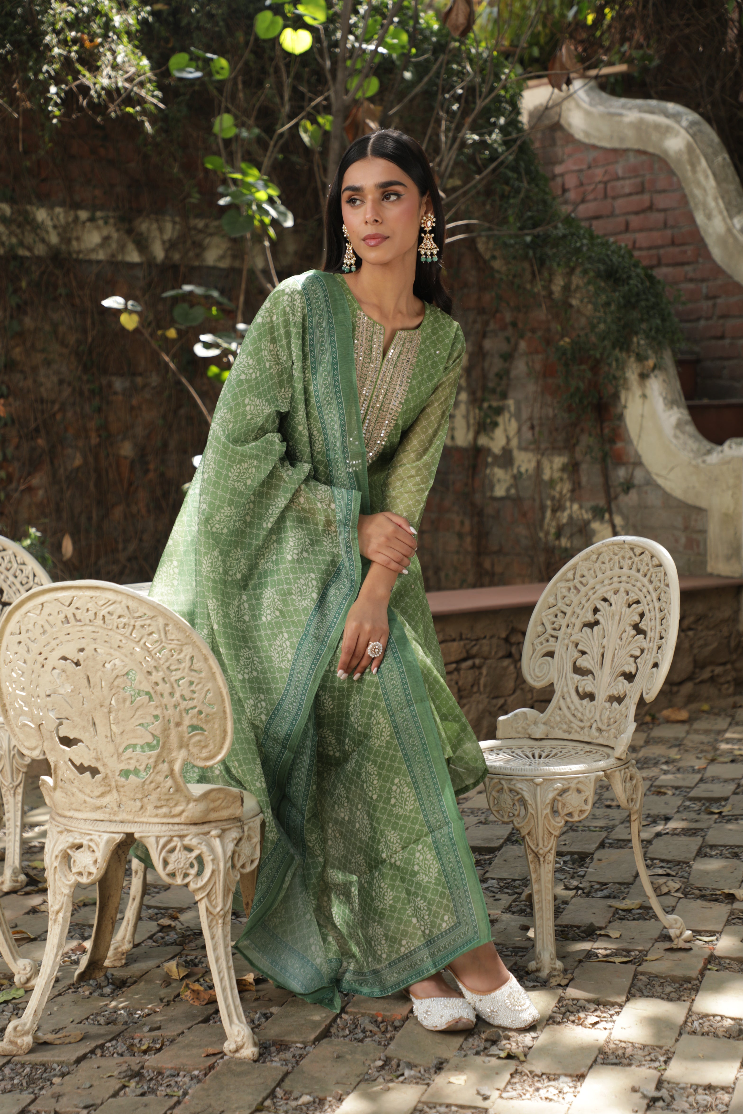 Green Chanderi Suit Set | DA-219