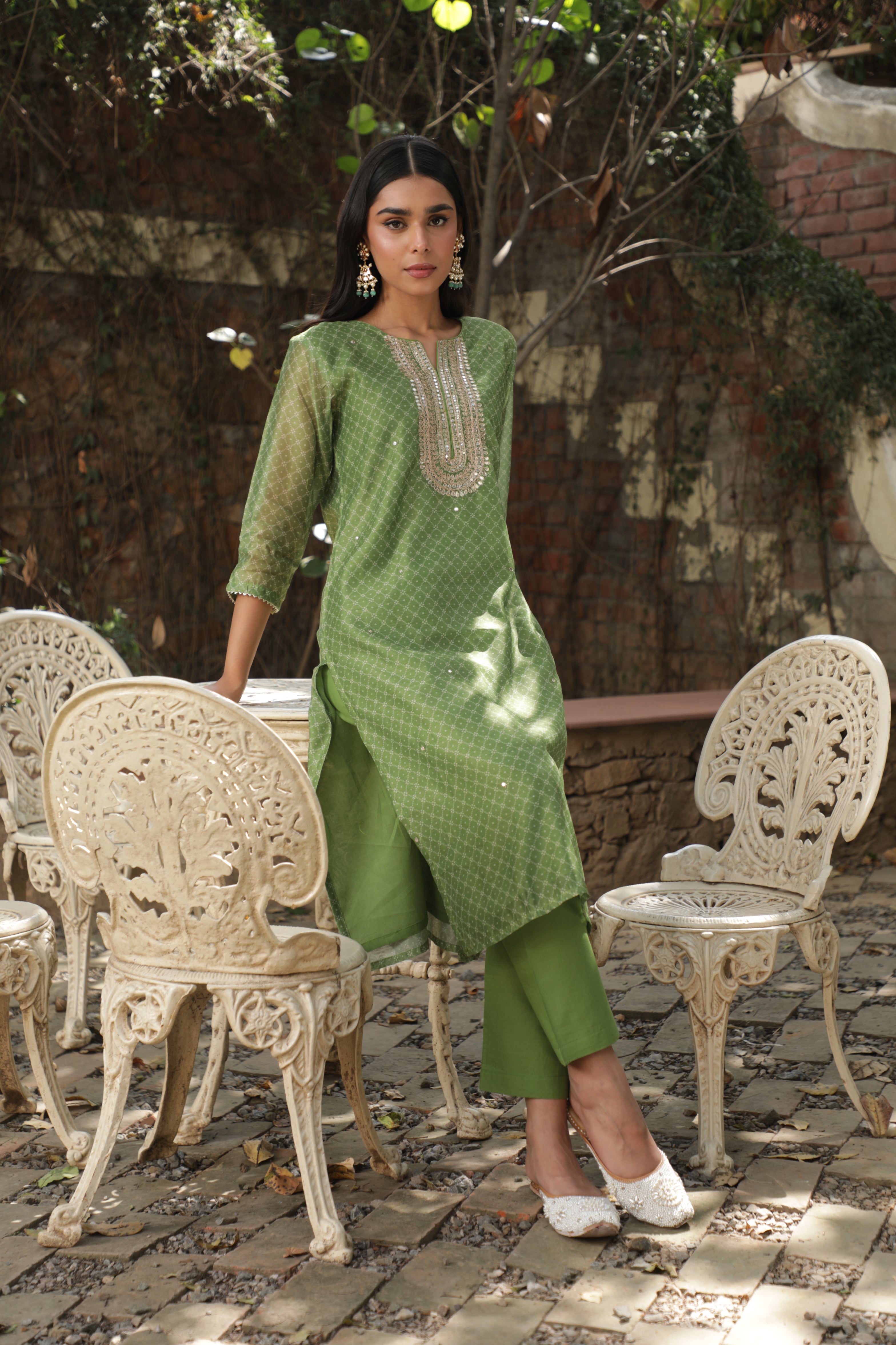 Green Chanderi Suit Set | DA-219