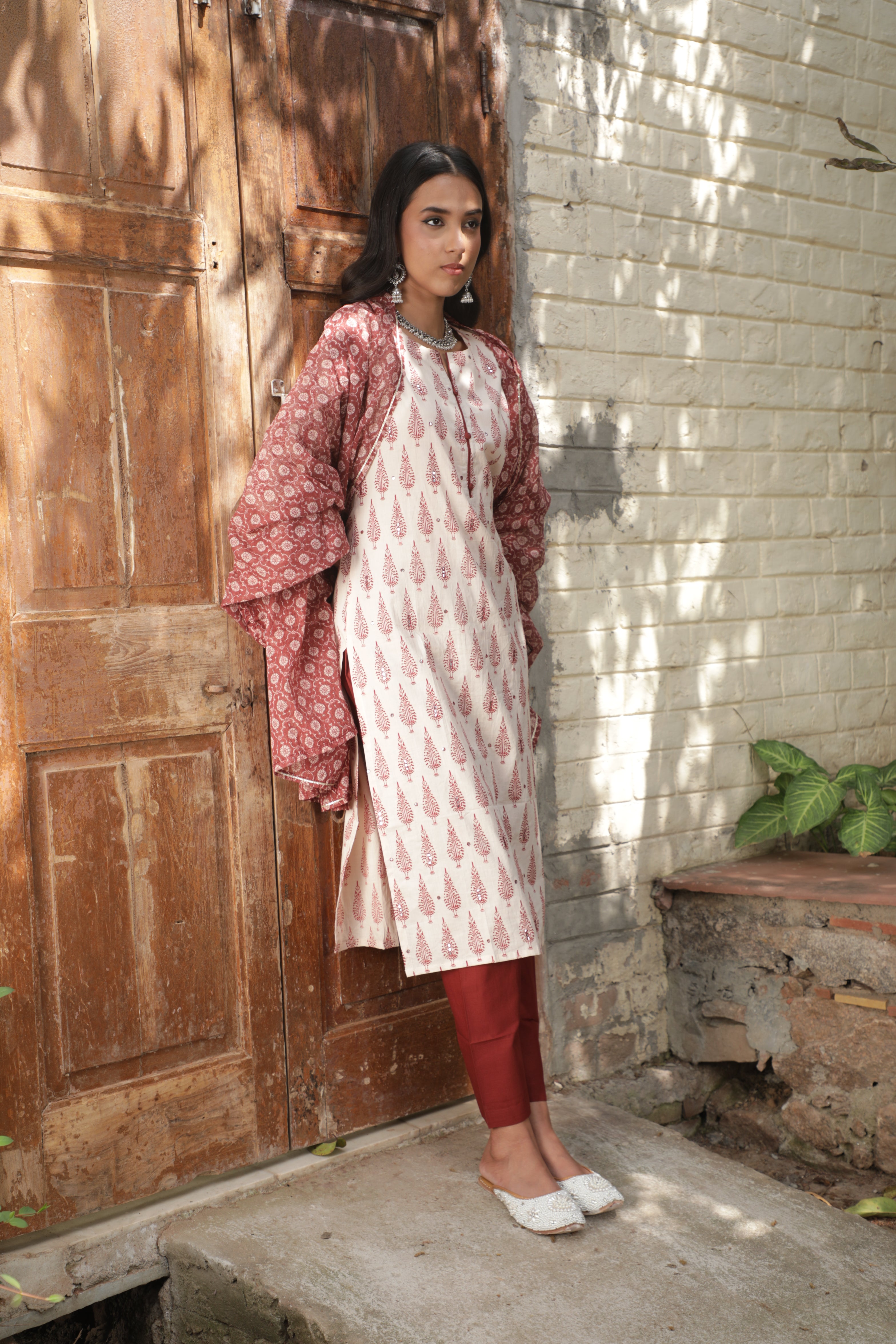 Maroon Motifs Handblock Cotton Suit Set