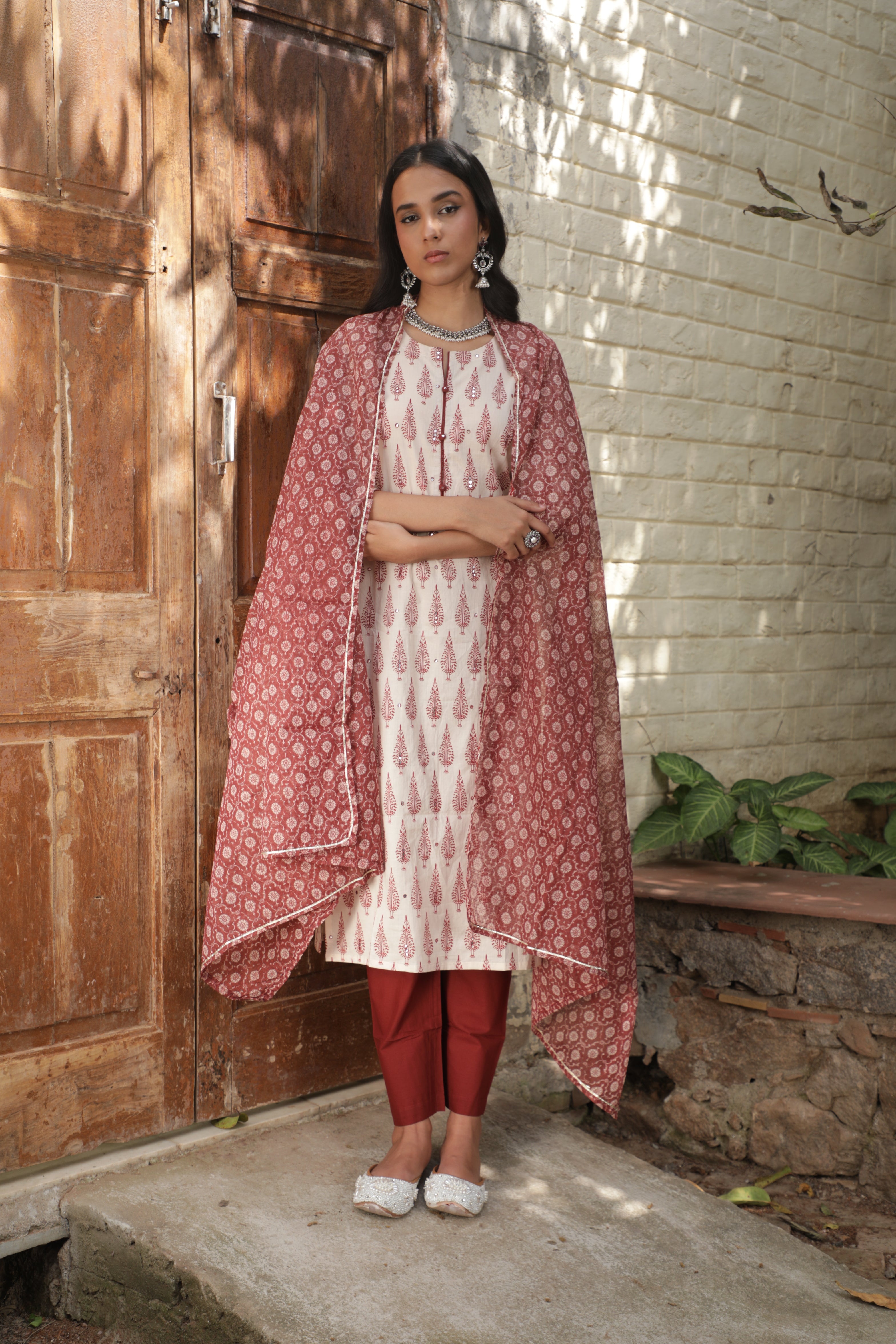 Maroon Motifs Handblock Cotton Suit Set
