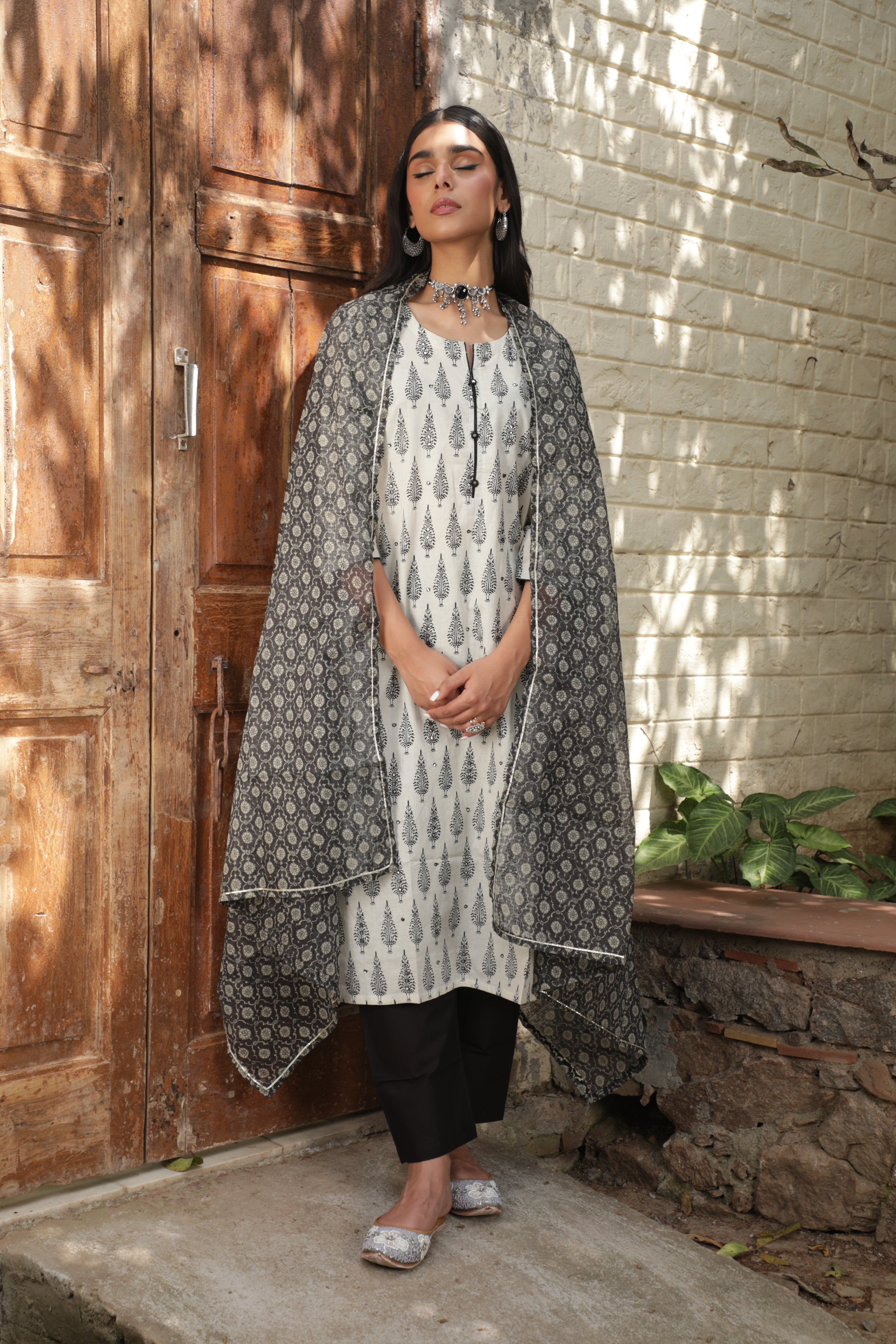 Black Motifs Handblock Cotton Suit Set