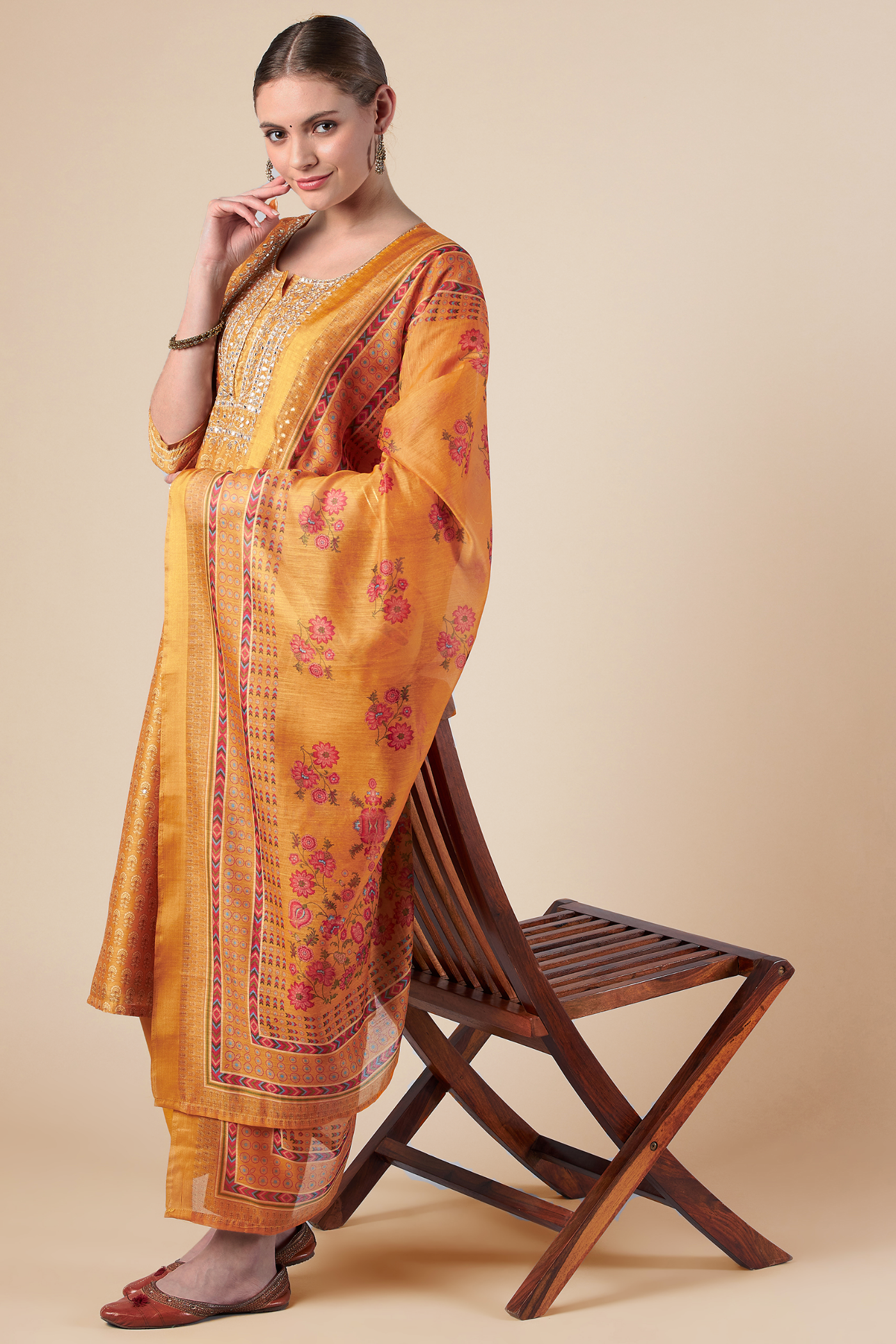 Mustard Straight fit Chanderi Kurta set (with Pant and Dupatta)