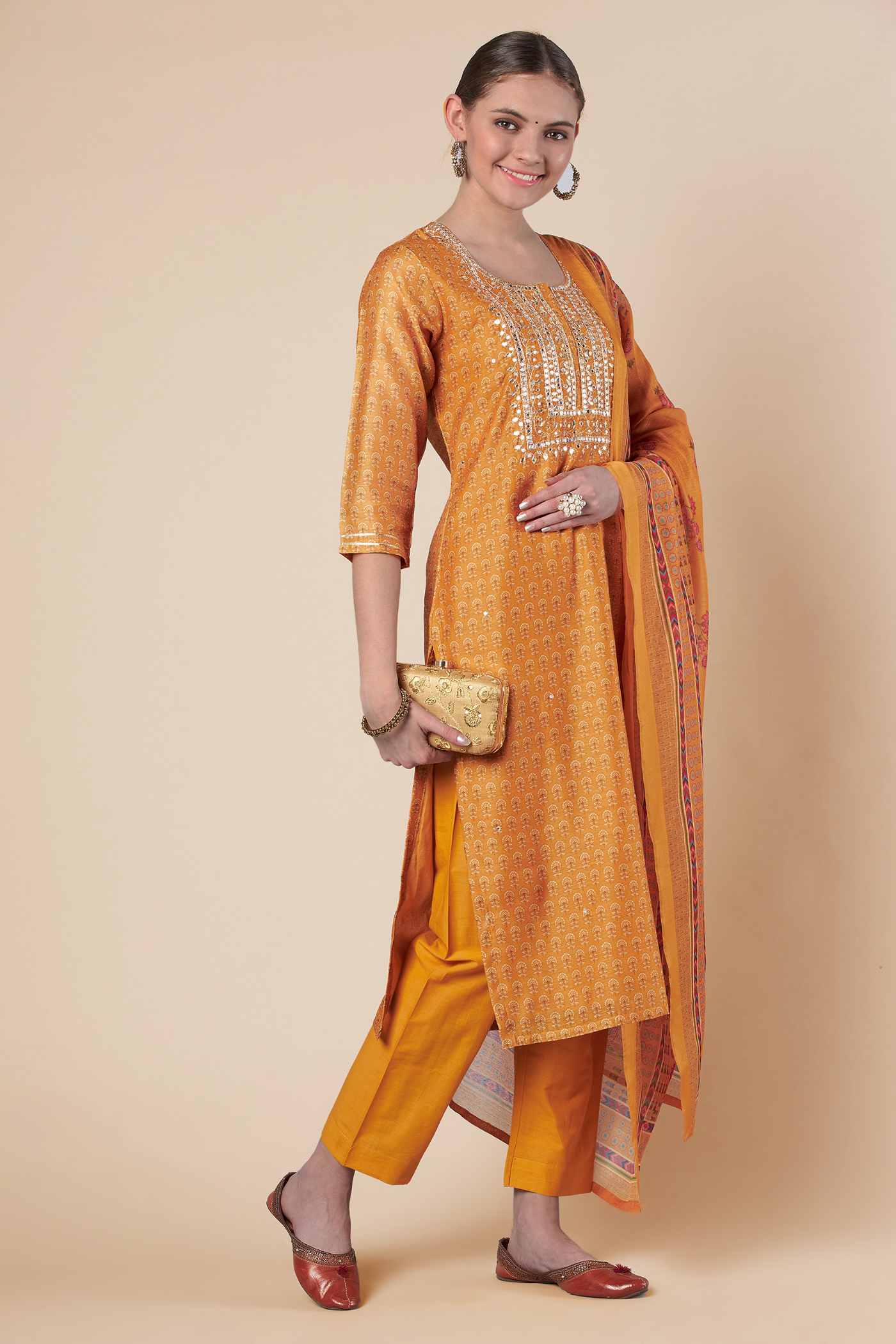 Mustard Straight fit Chanderi Kurta set (with Pant and Dupatta)