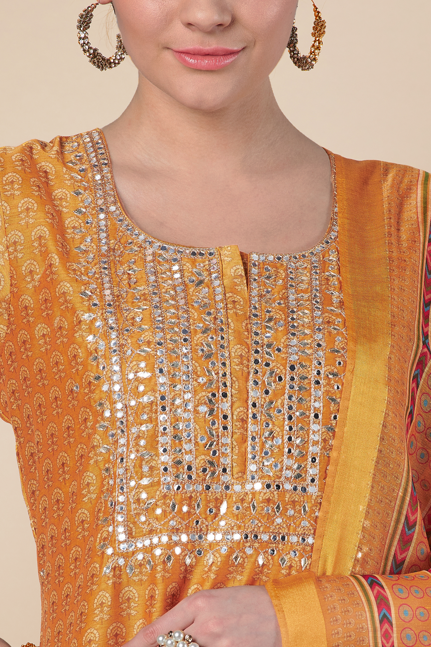 Mustard Straight fit Chanderi Kurta set (with Pant and Dupatta)