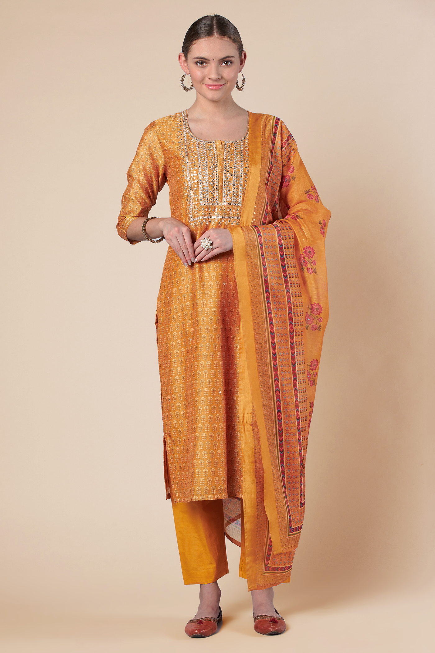 Mustard Straight fit Chanderi Kurta set (with Pant and Dupatta)