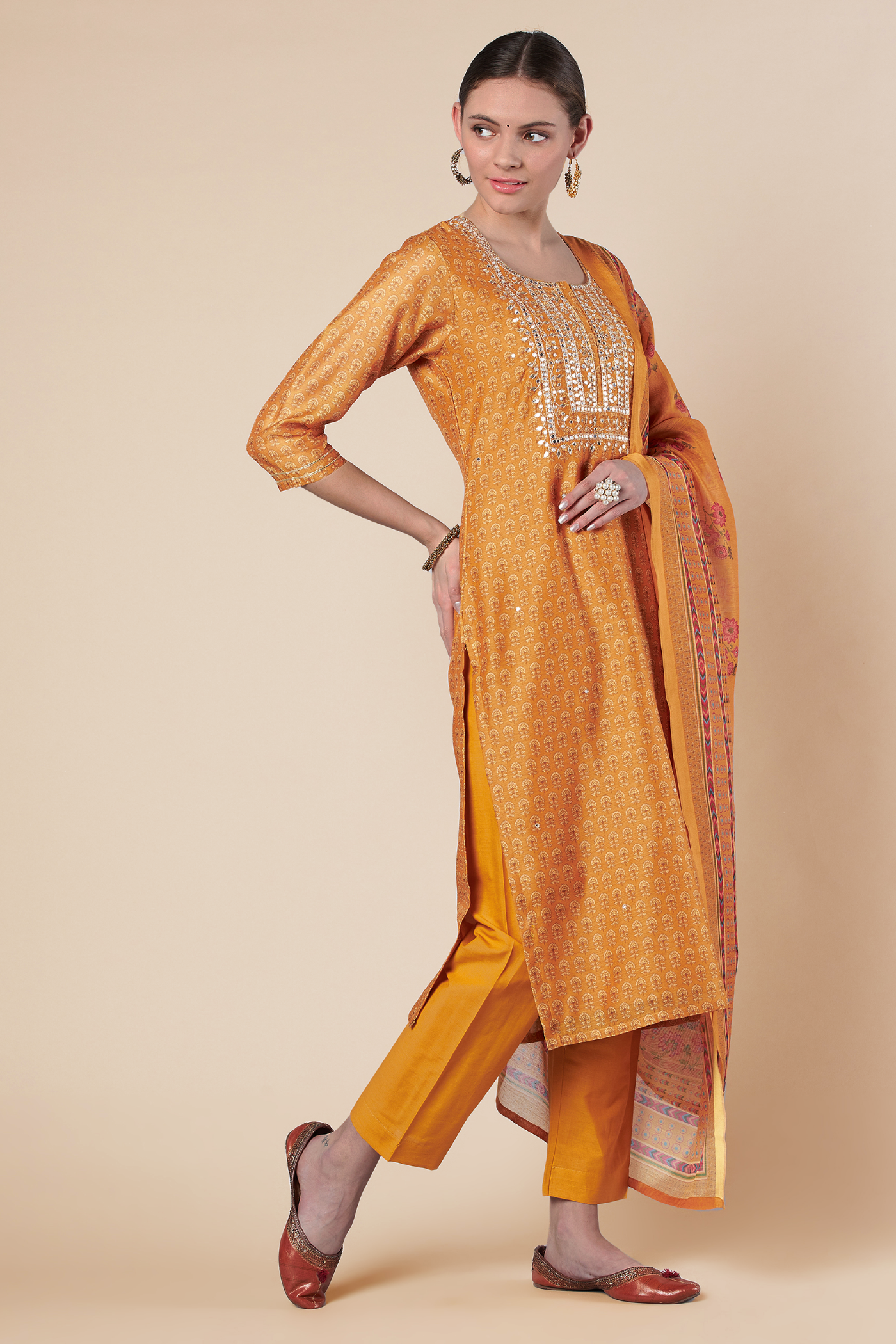 Mustard Straight fit Chanderi Kurta set (with Pant and Dupatta)