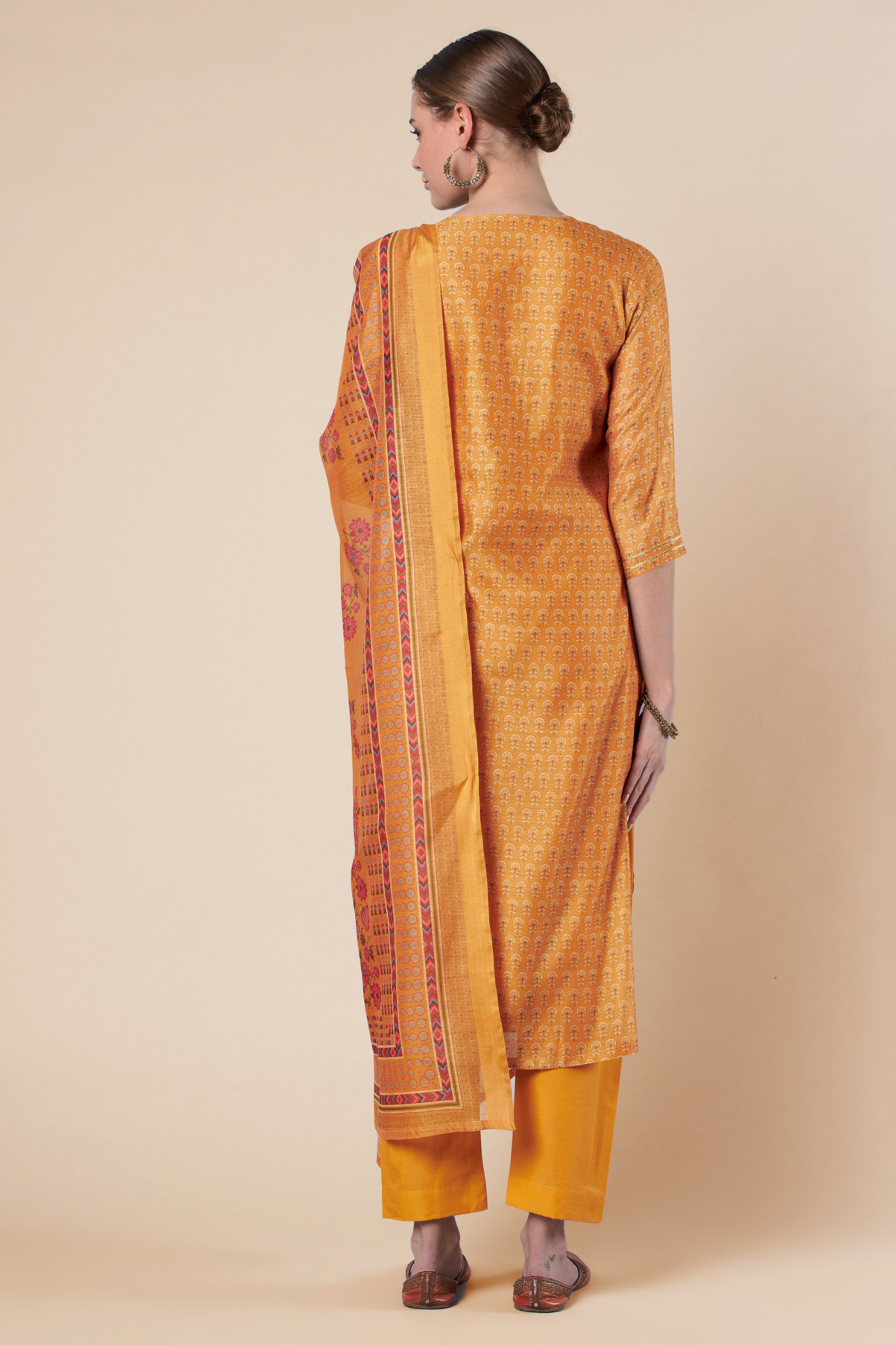 Mustard Straight fit Chanderi Kurta set (with Pant and Dupatta)