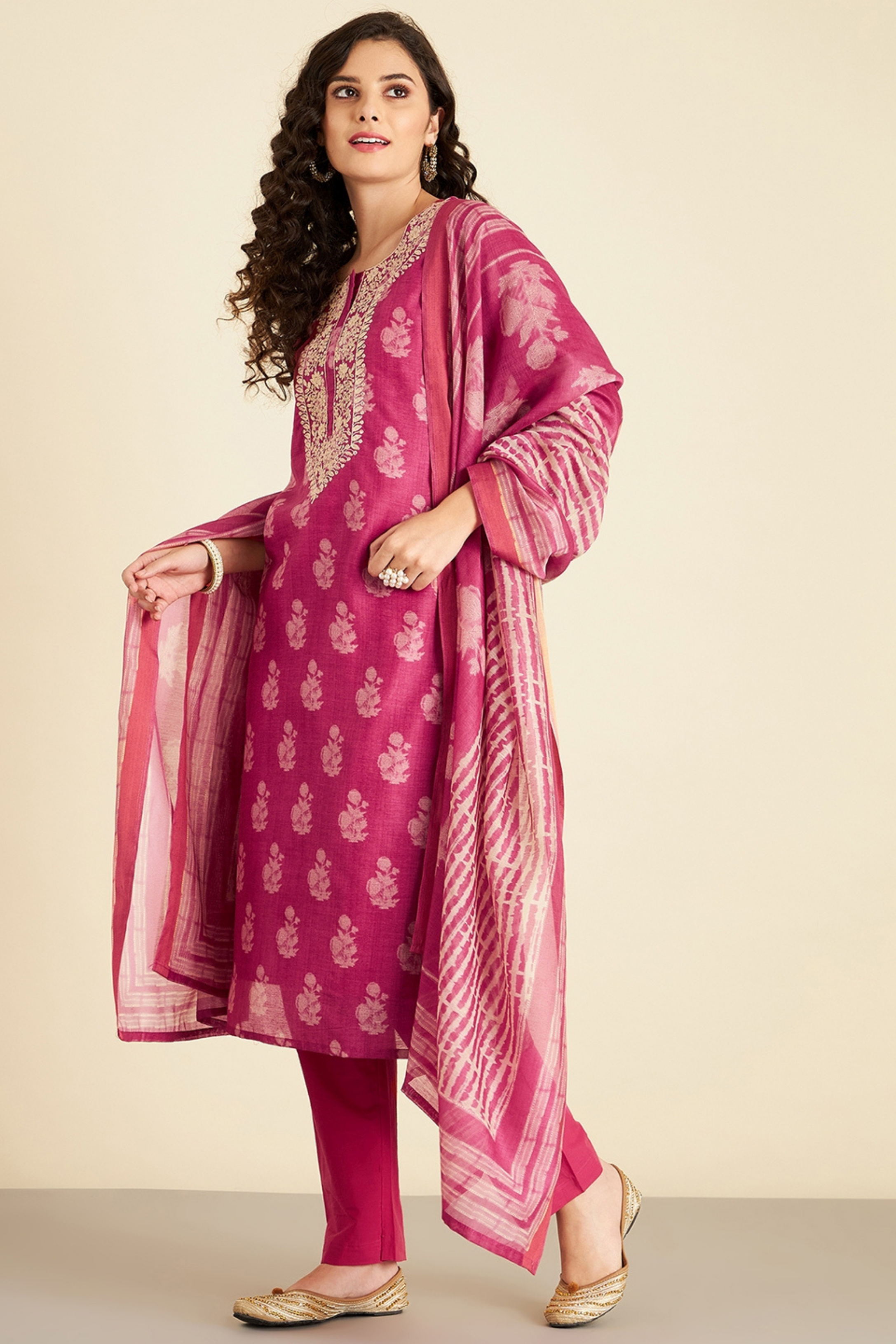 Pink Hand Block Printed Chanderi Suit Set | HER-222