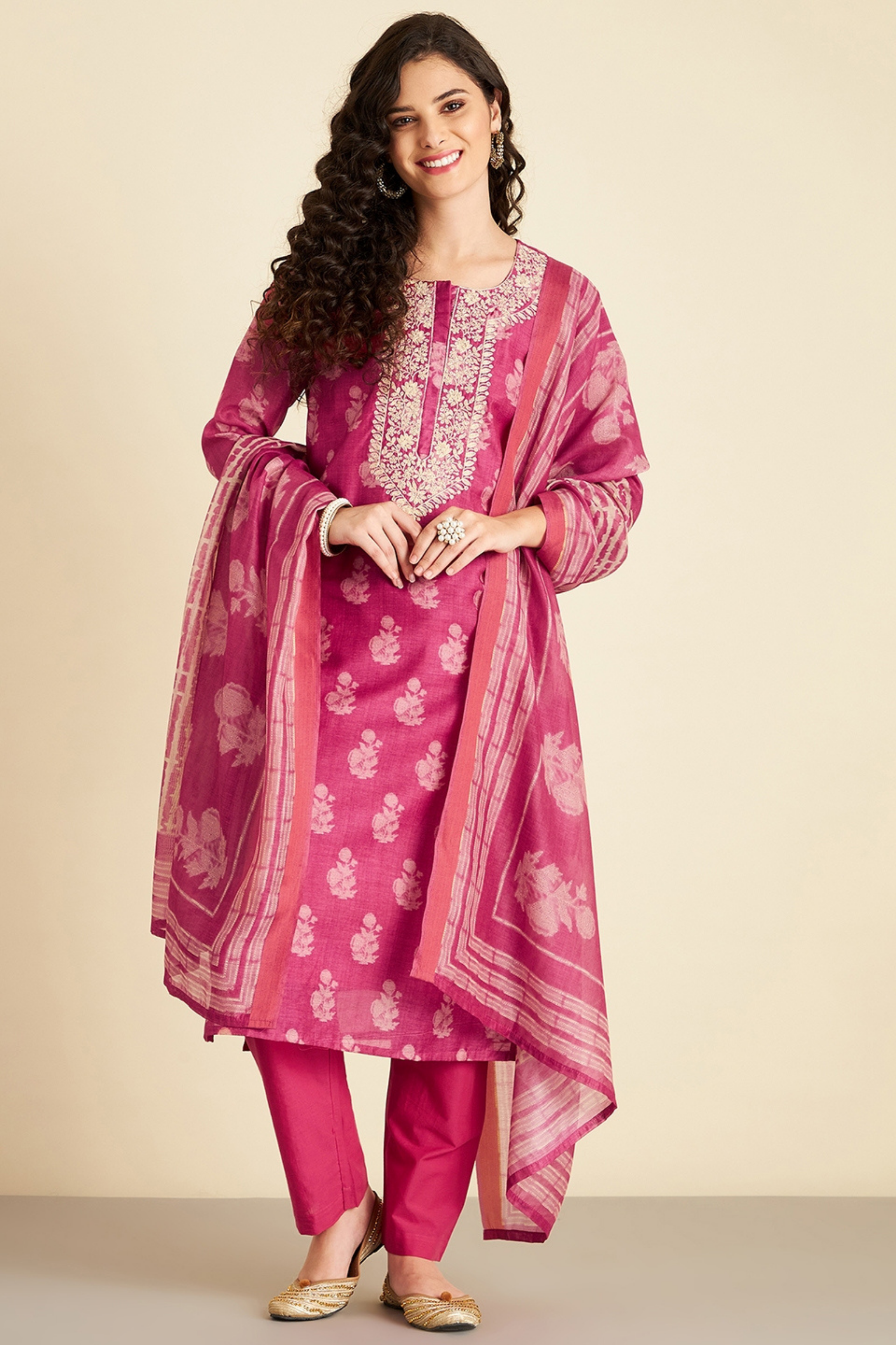 Pink Hand Block Printed Chanderi Suit Set | HER-222