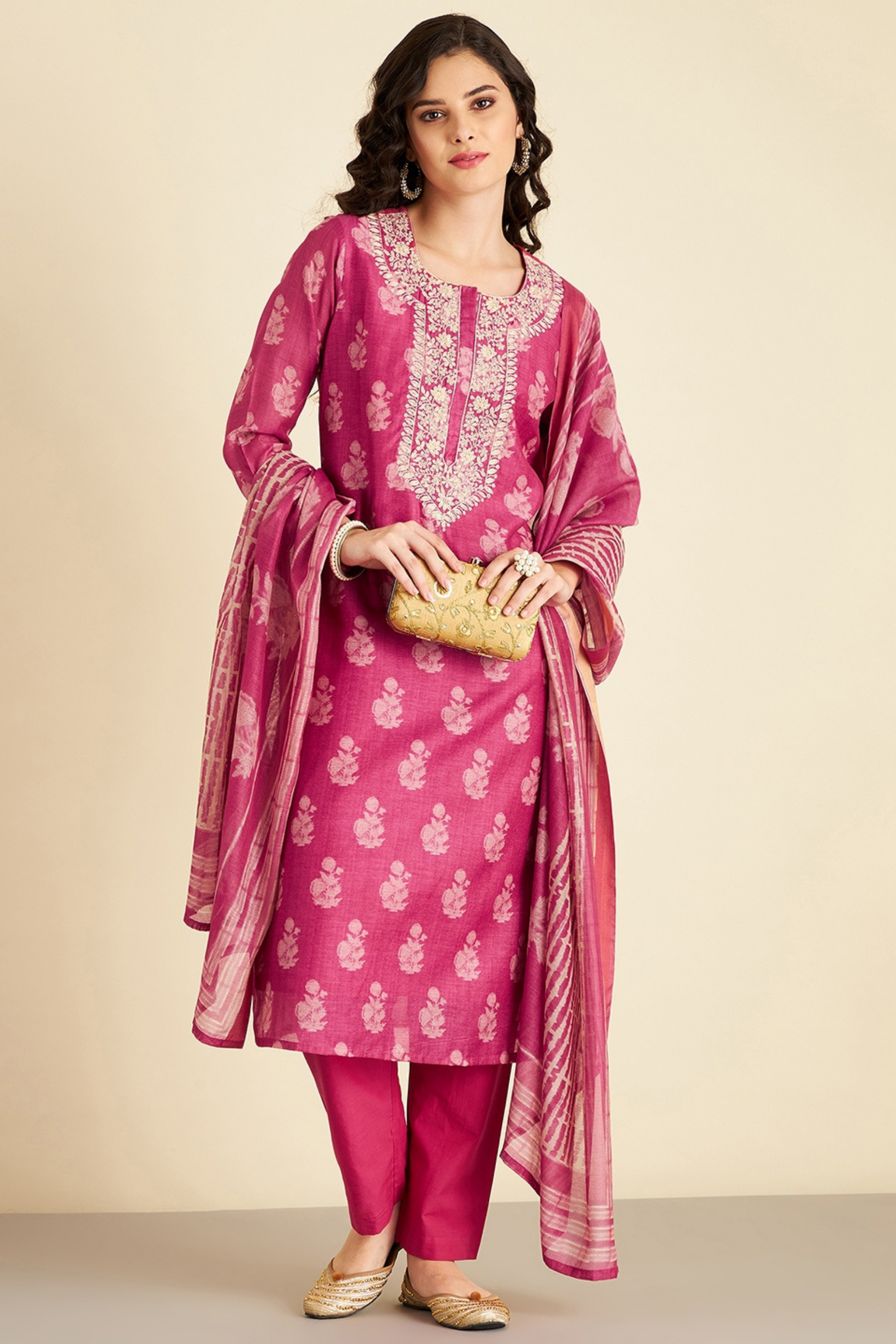 Pink Hand Block Printed Chanderi Suit Set | HER-222