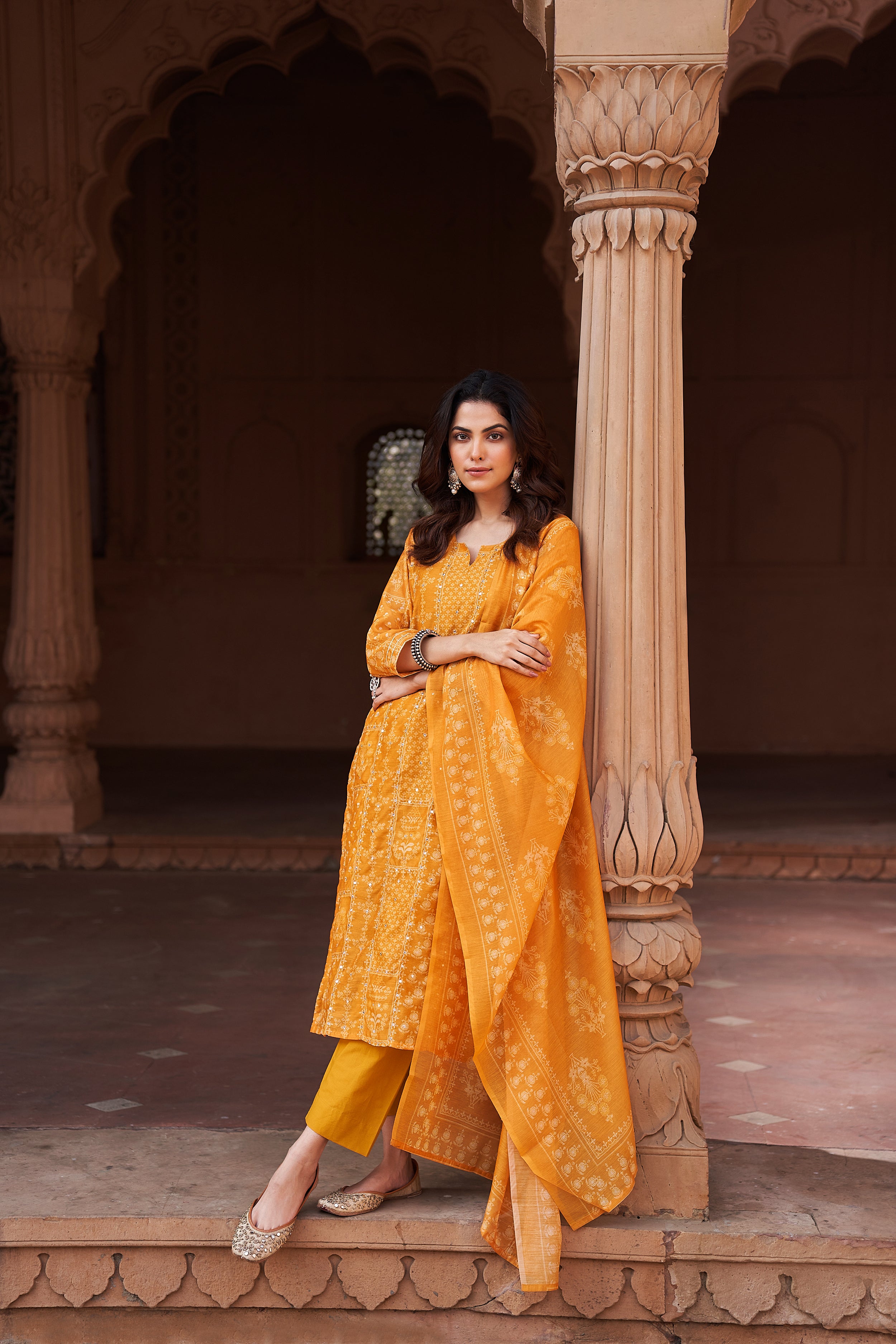 Printed Chanderi Unstitched Suit With Pant & Dupatta