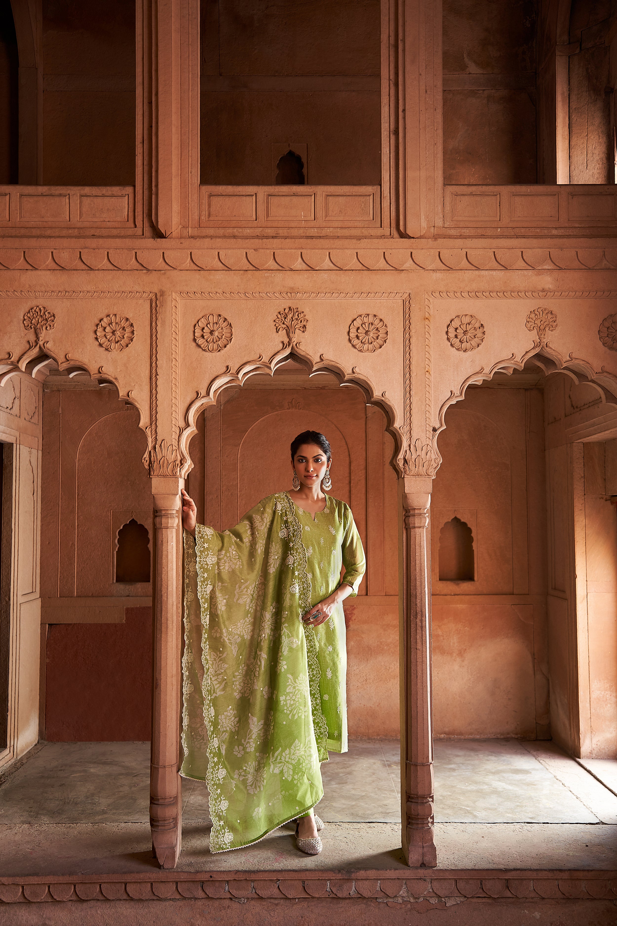Bright Green Chanderi Suit Set (With Pants and Dupatta)