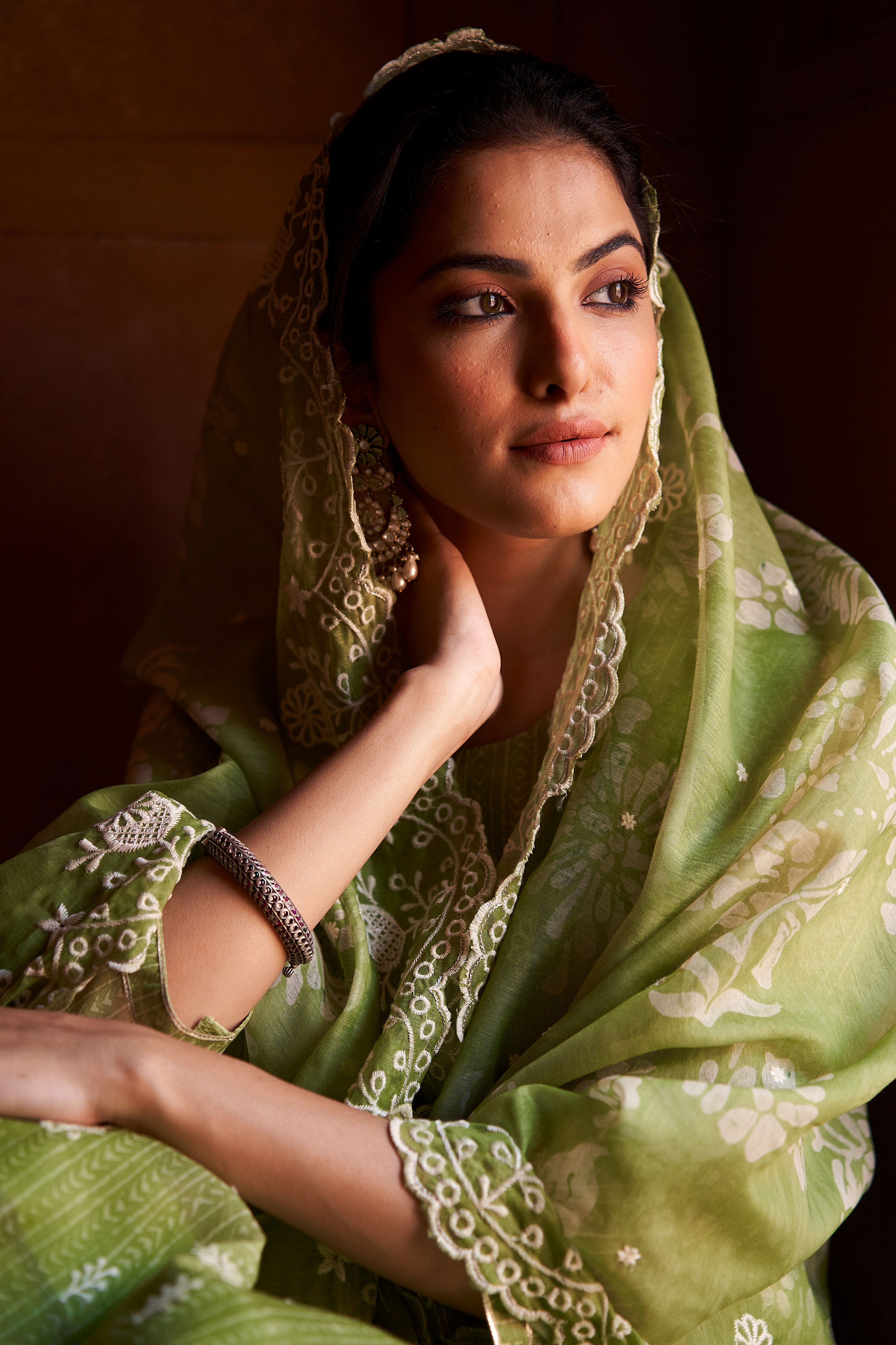 Bright Green Chanderi Suit Set (With Pants and Dupatta)