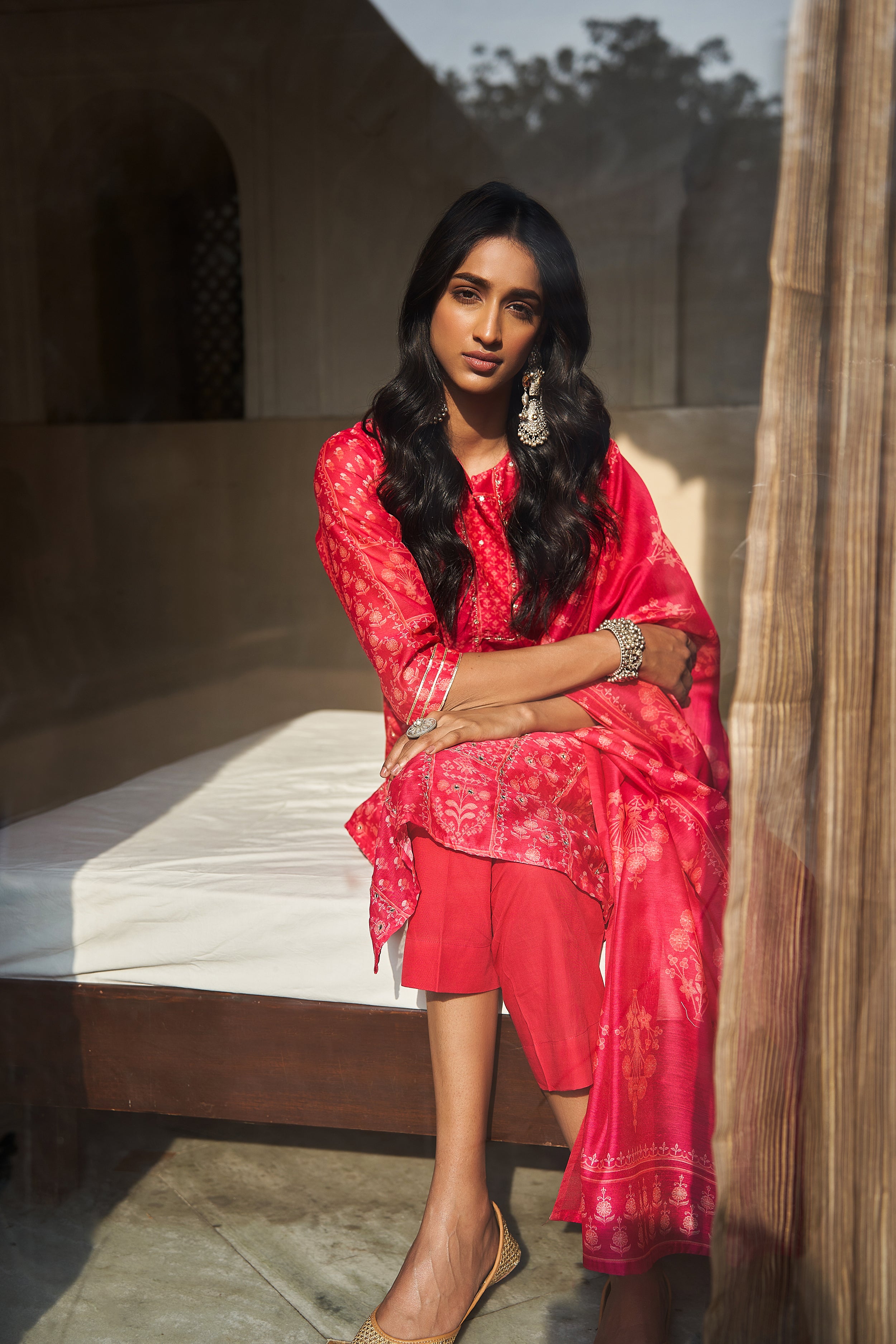 Pink Chanderi Suit Set (With Pants and Dupatta)