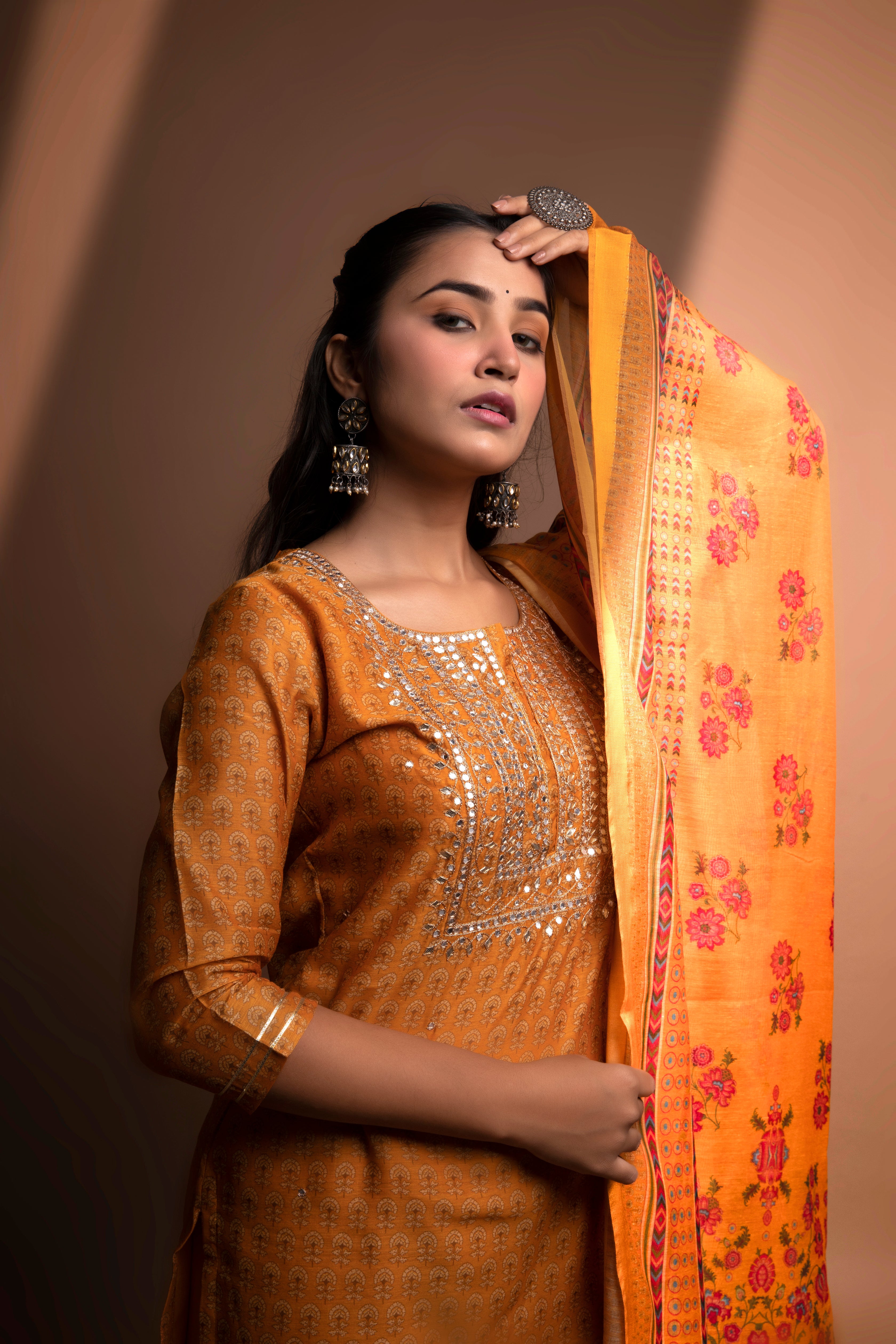 Mustard Straight fit Chanderi Kurta set (with Pant and Dupatta)