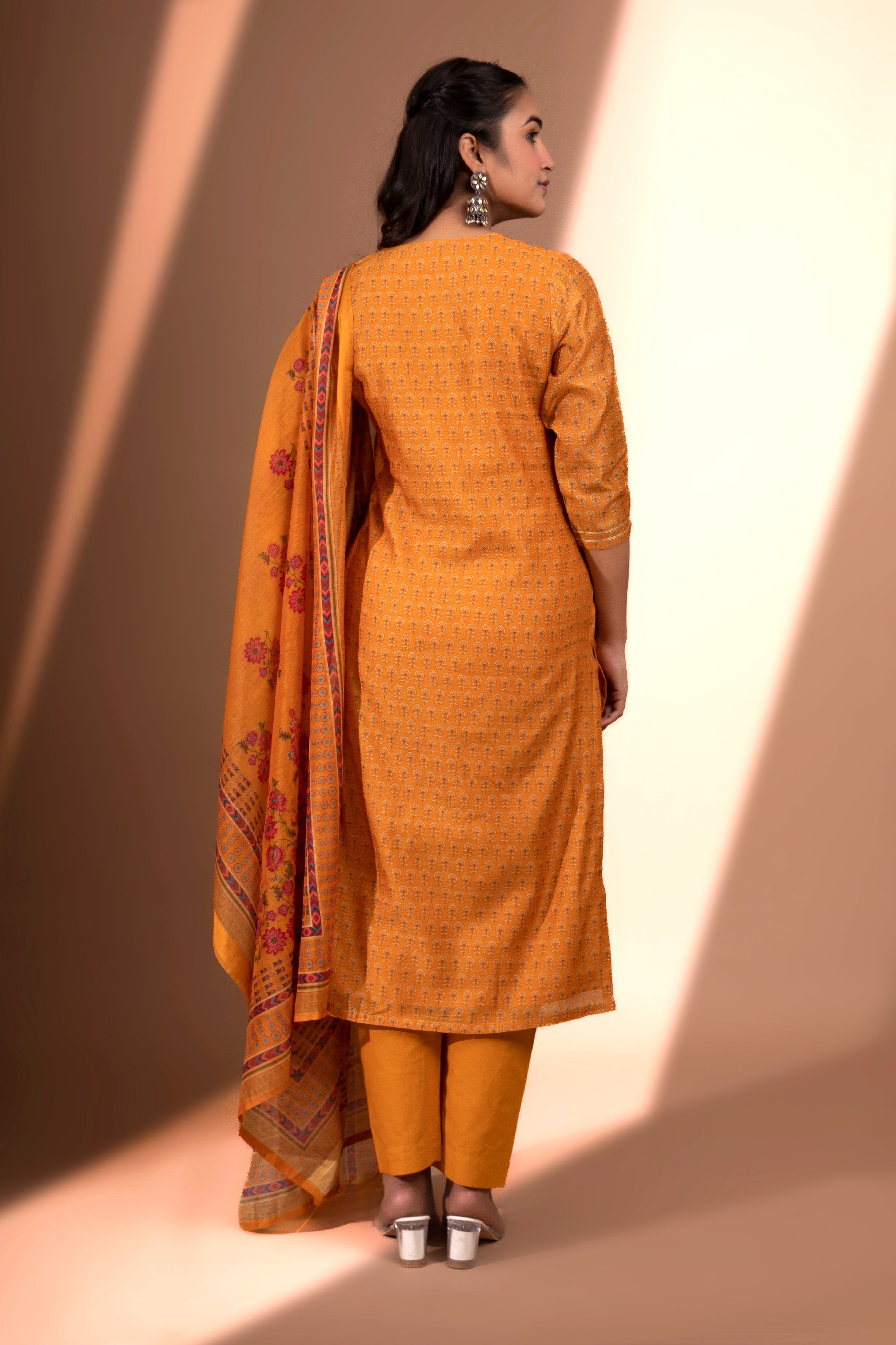 Mustard Straight fit Chanderi Kurta set (with Pant and Dupatta)