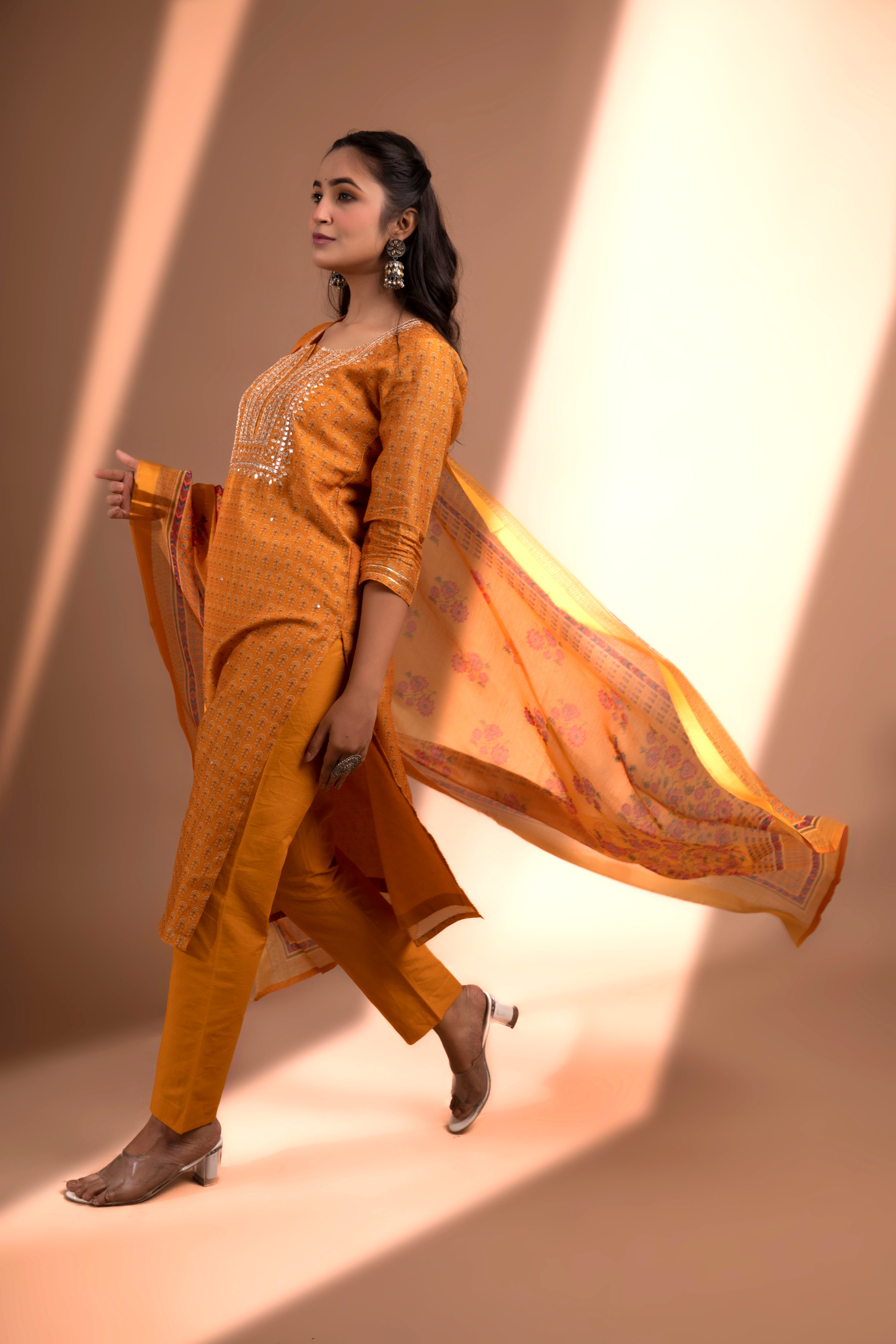 Mustard Straight fit Chanderi Kurta set (with Pant and Dupatta)
