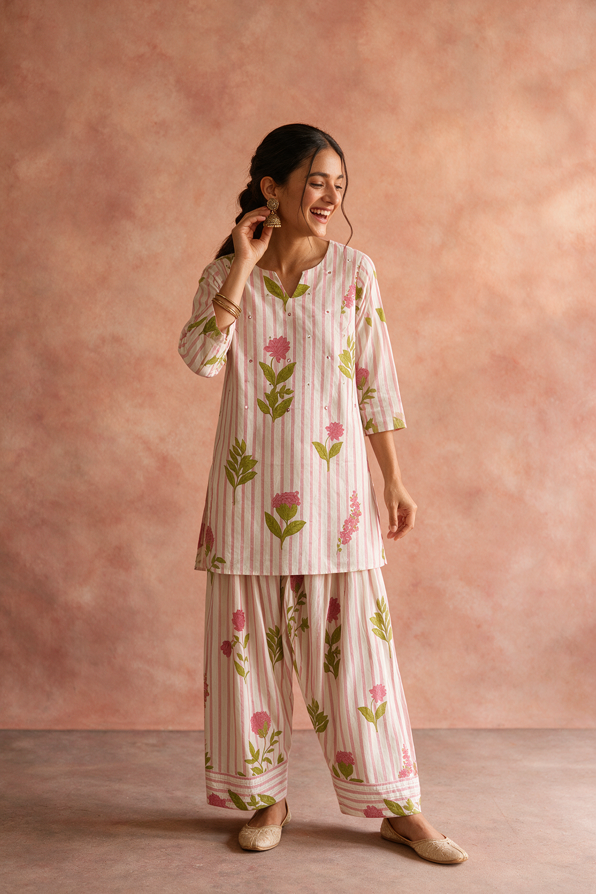 Pink Stripe Floral Kurta Set