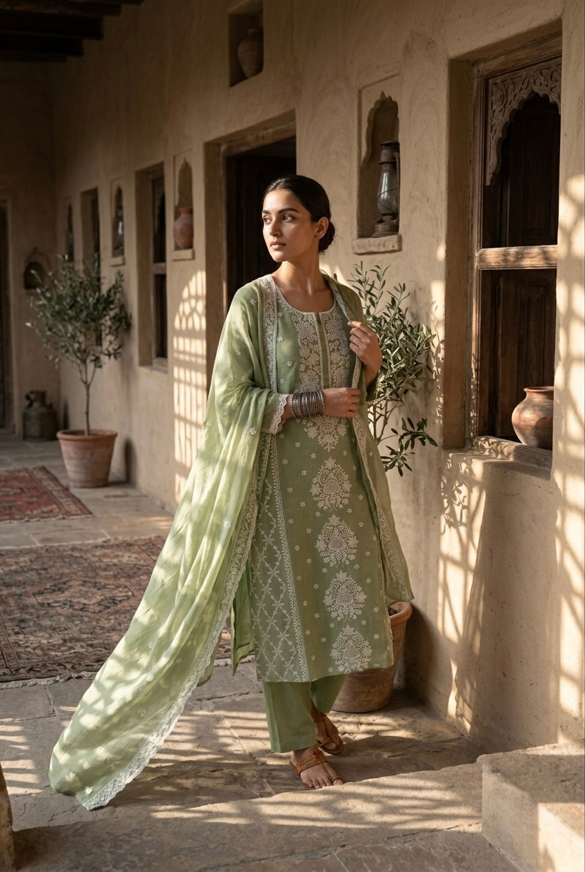 Pistachio Green Embroidered Mul-Chanderi Suit Set