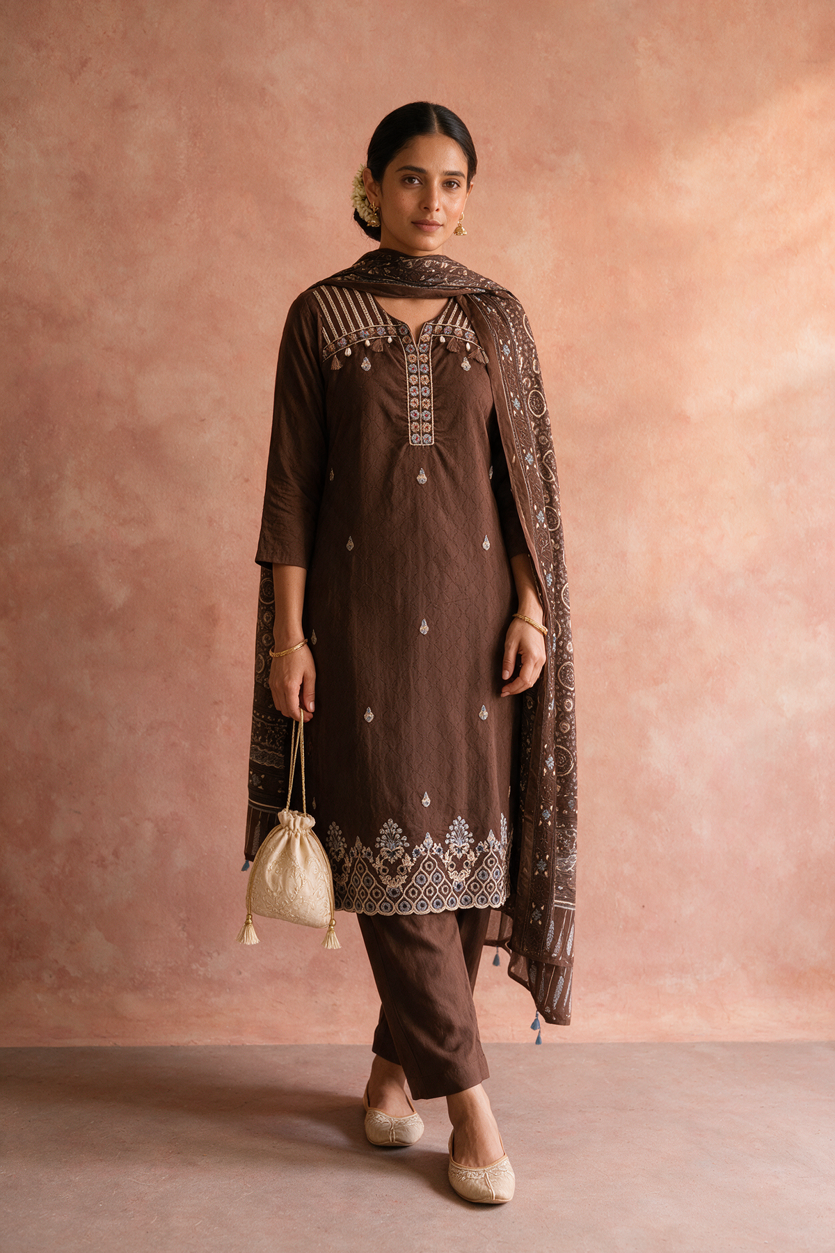 Chocolate Brown Embroidered Pure Cotton Suit Set