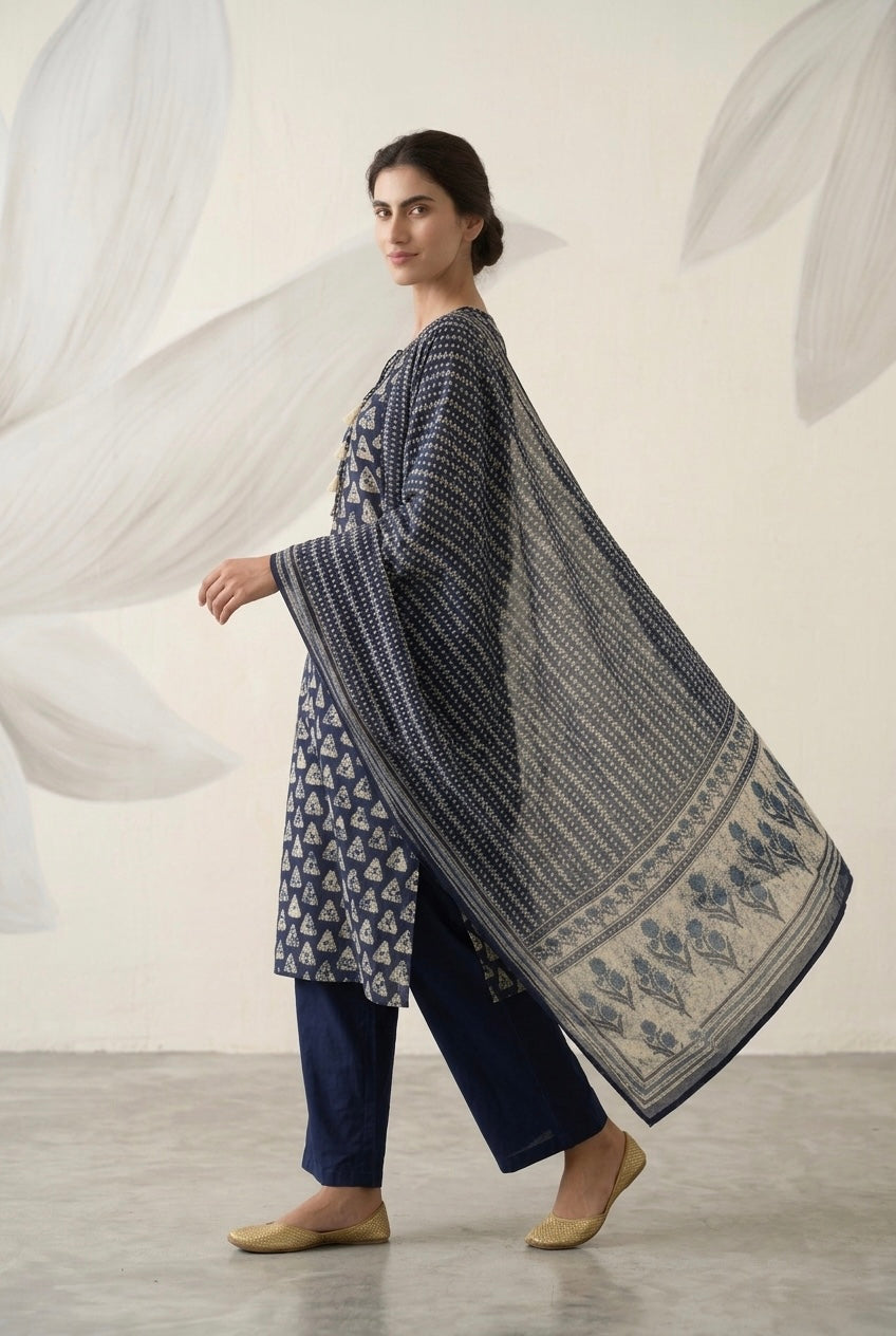 Indigo Blue Batik Printed Cotton Suit Set | HER-675