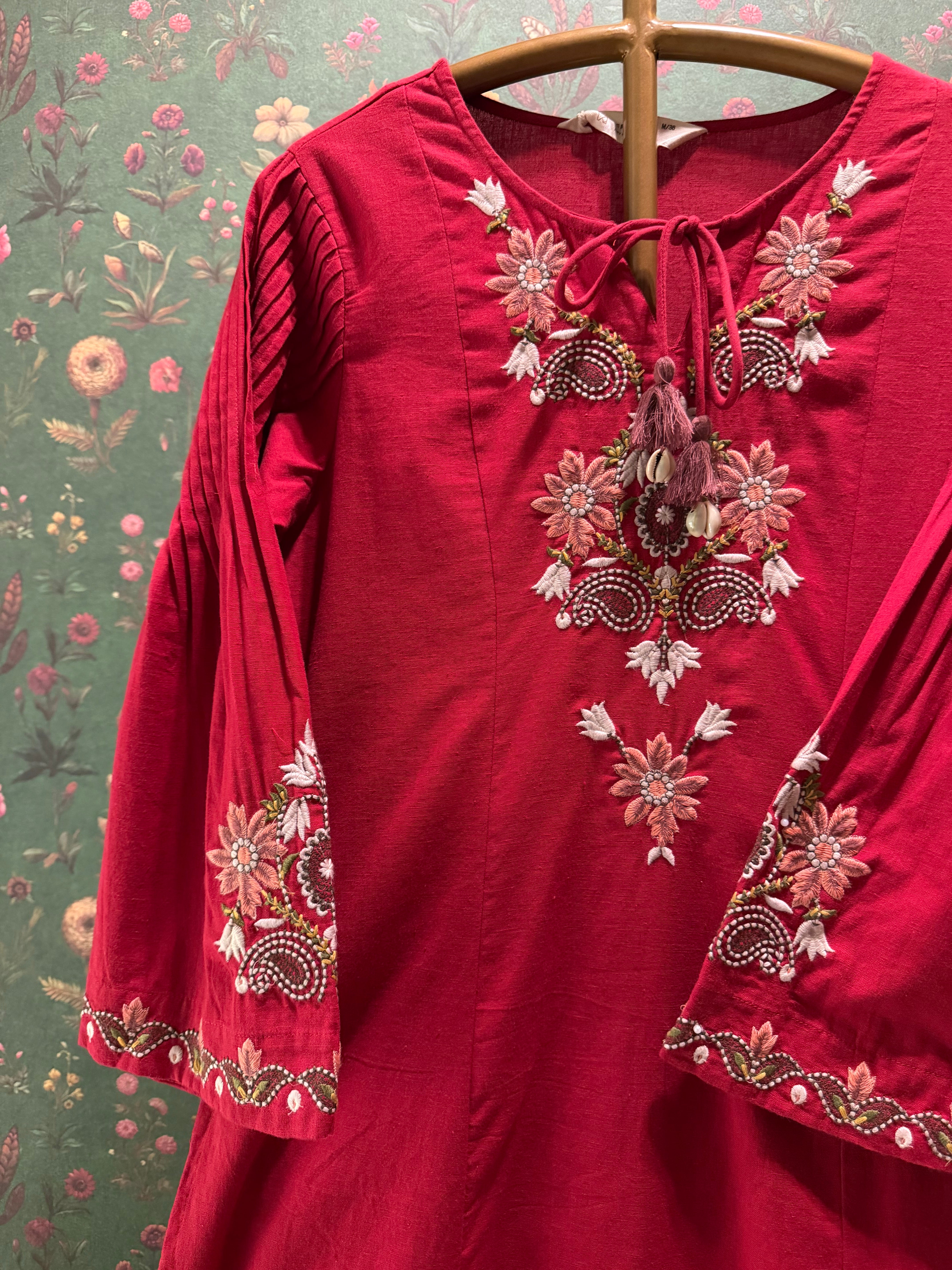 Raspberry Red Embroidered A-Line Kurta Set | HER-723