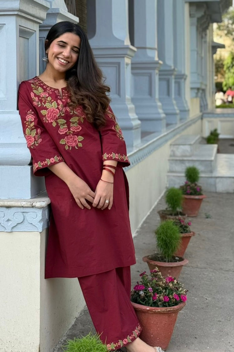 Berry Red Embroidered Kurta Set | HER-721