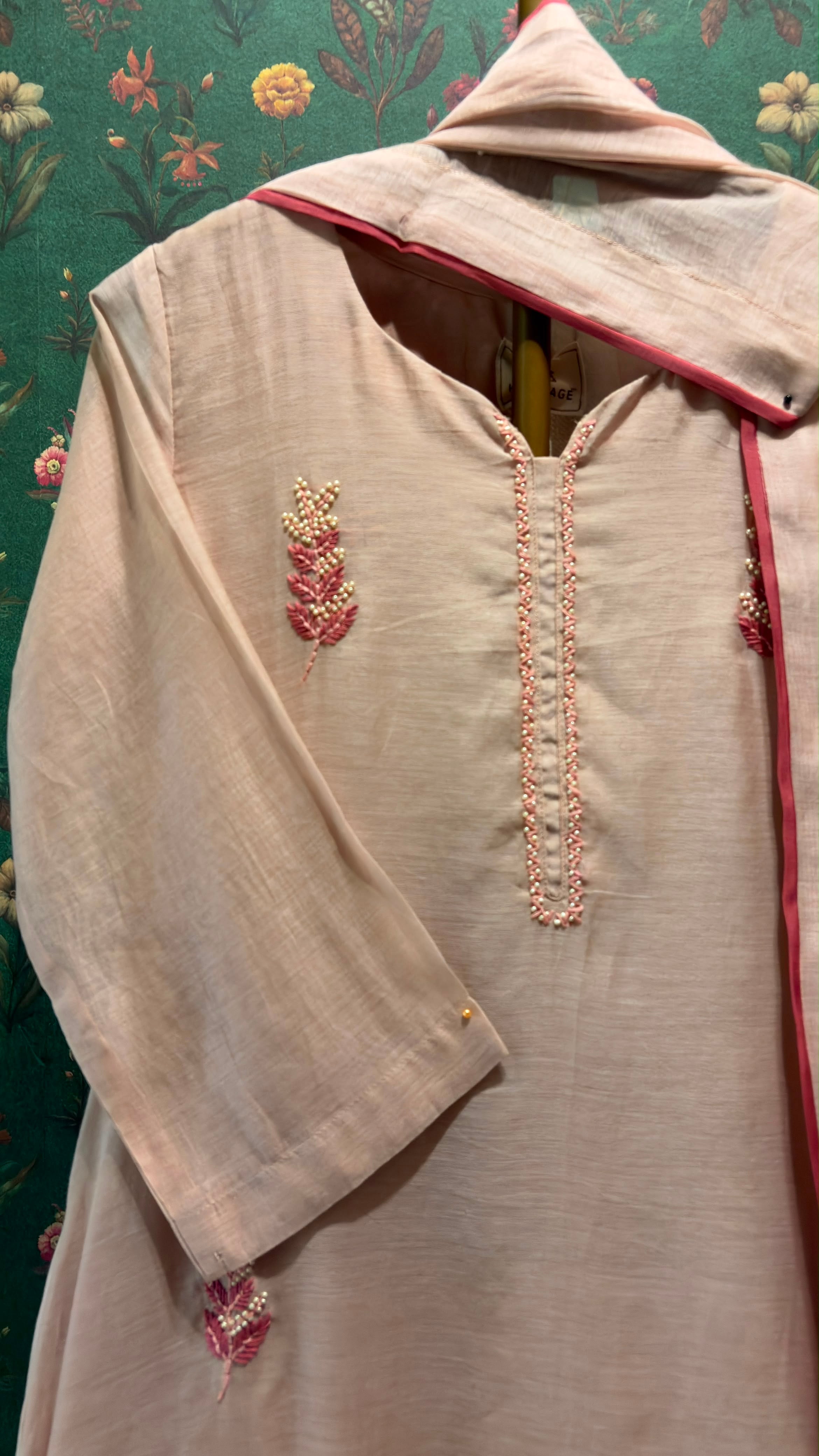 Blush Peach Pearl Embroidered Mul Chanderi A-Line Suit Set