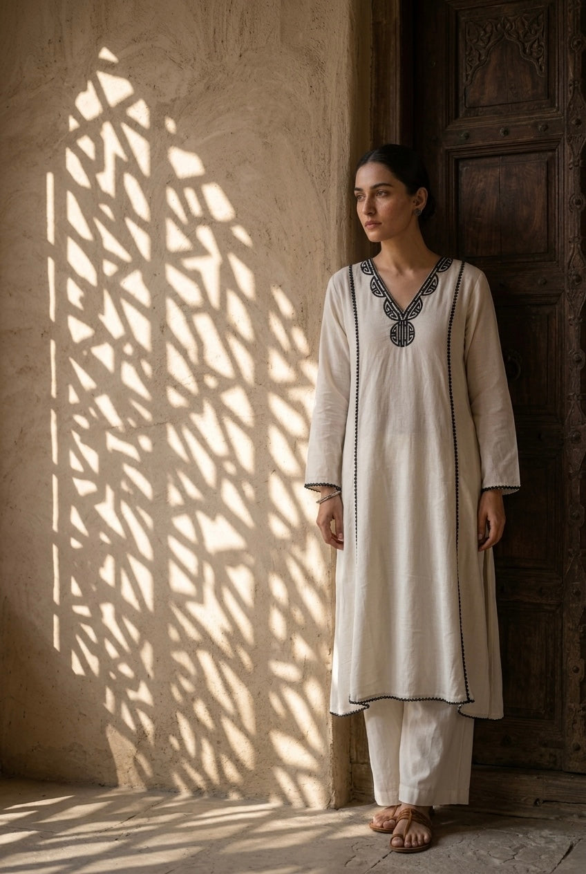 Ivory & Black Pure Linen A-line Suit Set | HER-823