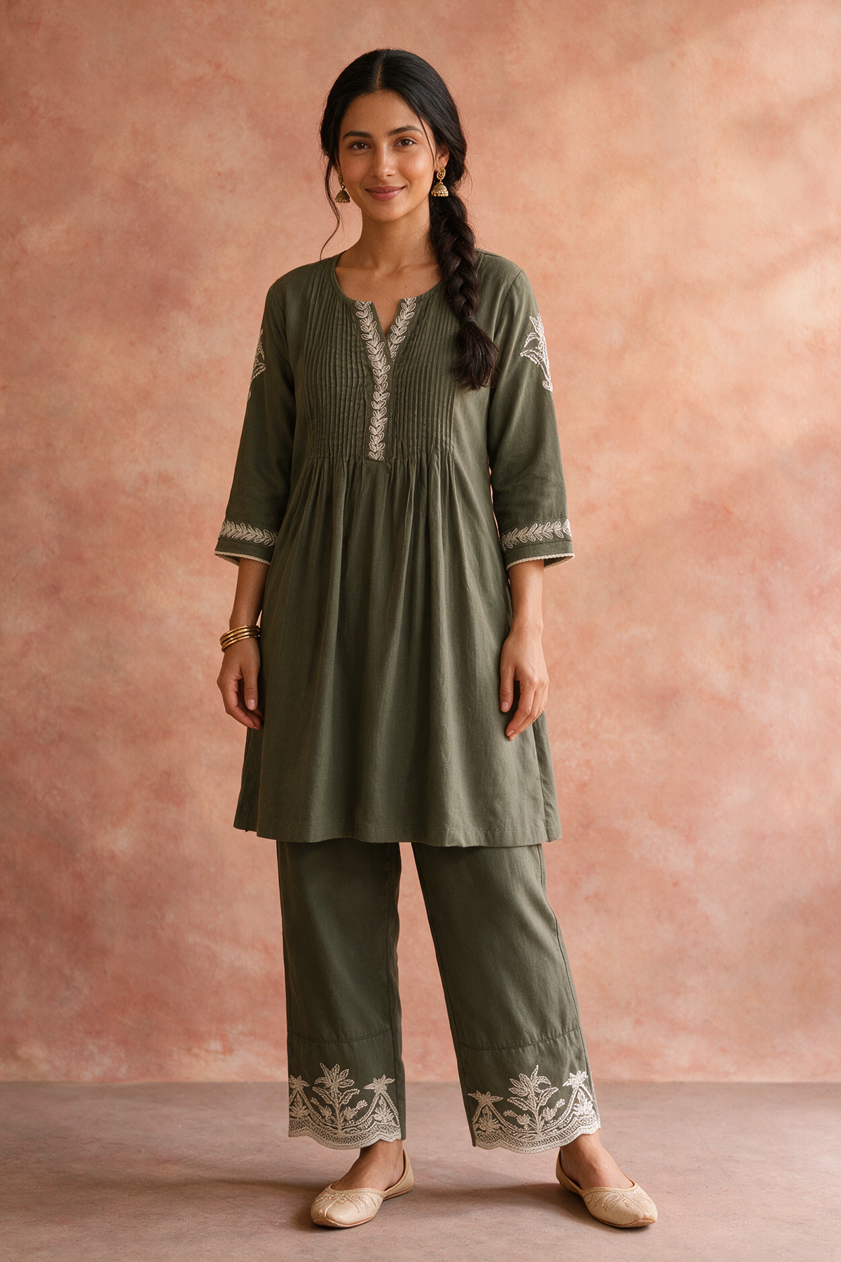 Olive Green Pleated Embroidered Kurta Set