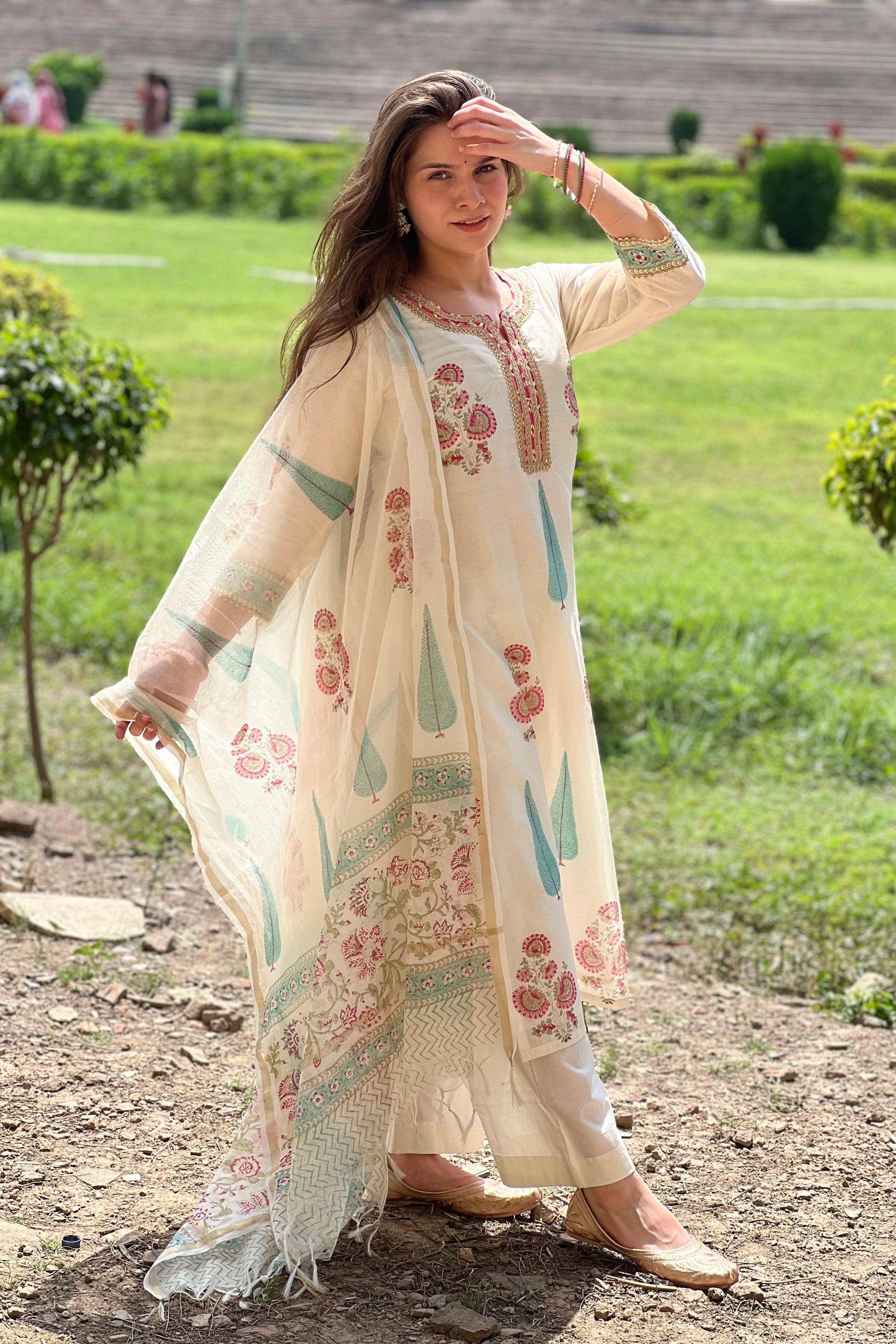 Ivory White Floral Printed Chanderi Suit Set | HER-757