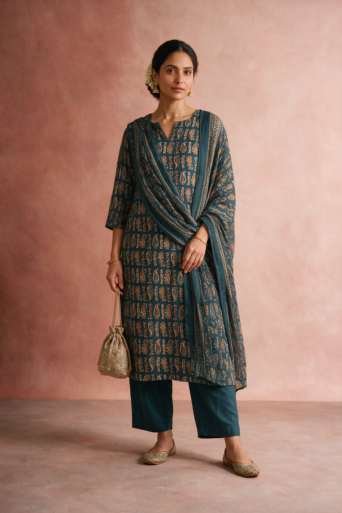 Teal Paisley Printed Cotton Suit Set | HER-734